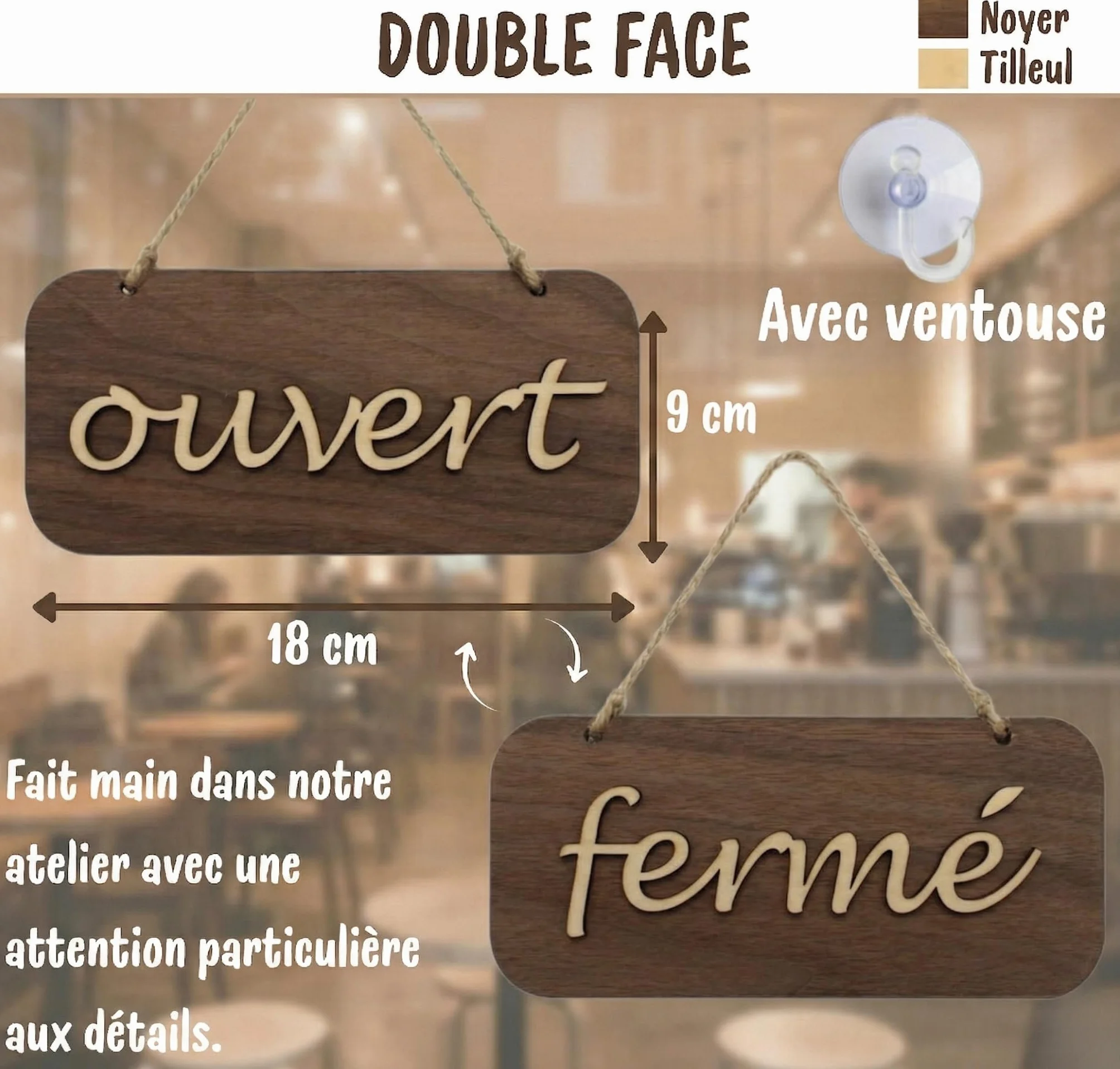 Panneau Ouvert Fermé Magasin Bois Design Original Fait Main Ventouse Incluse Porte Vitrine