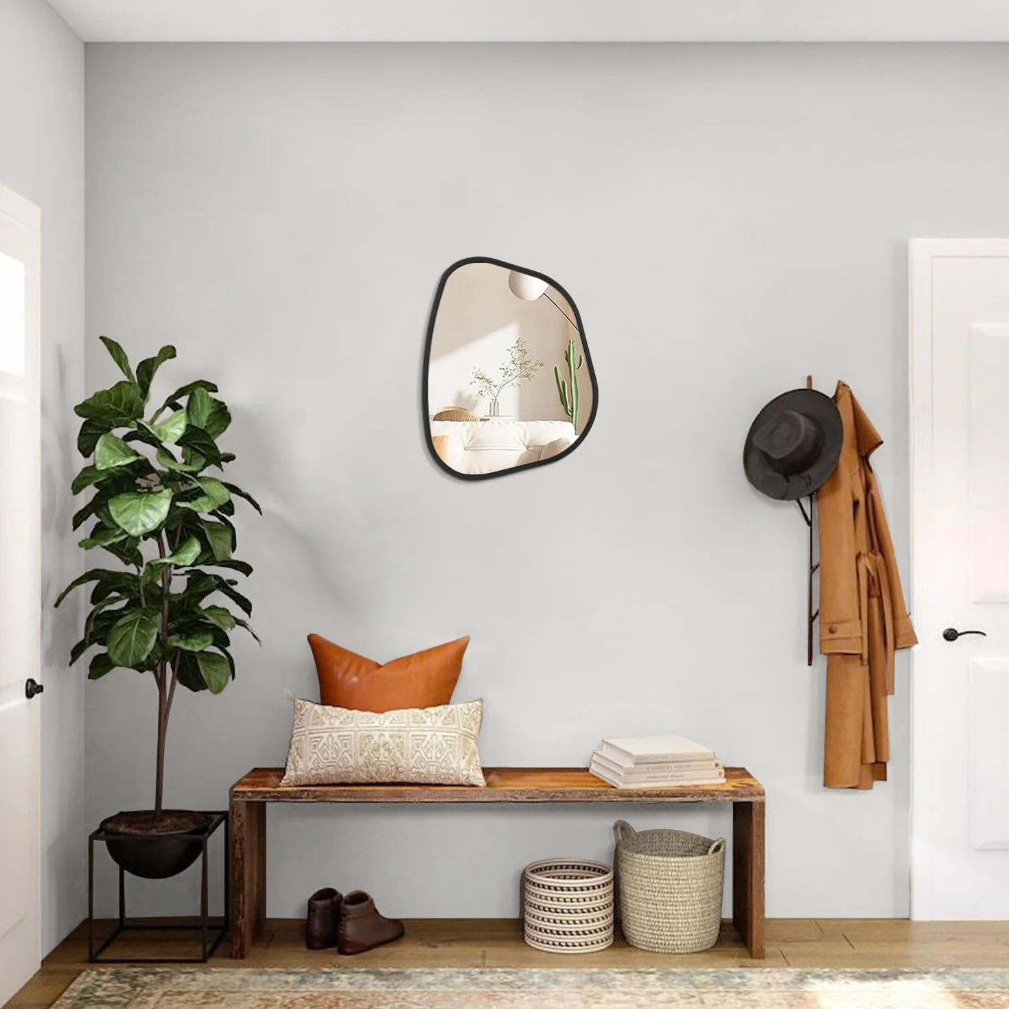 Miroir asymétrique noir mural ovale irrégulier cadre en bois moderne décoratif salon chambre salle de bain