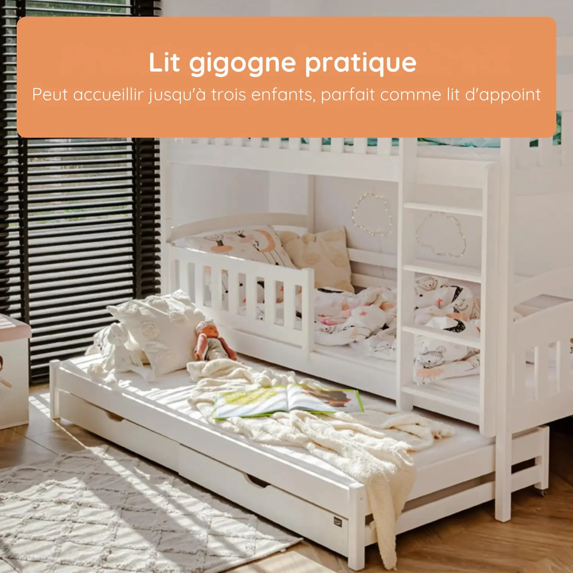 Kids Collective Lit superposé 90x200 pour Enfants et Adolescents – 3 couchages avec barrière de sécurité et tiroirs, Convertible en 3 Lits Simples | de 4 à 16 Ans | sommiers Inclus | Blanc