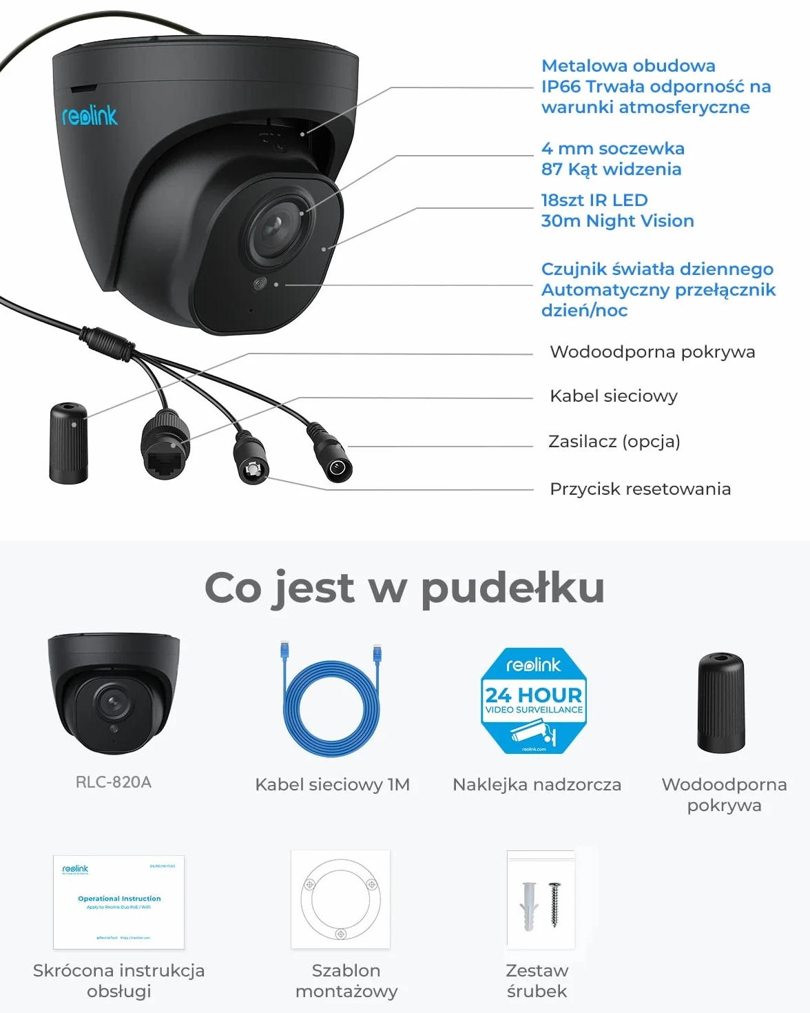 Reolink Kamera Monitoringu 4K Ultra HD PoE z Detekcją Ludzi/Pojazdów, Zewnętrzna Kopułowa Kamera IP z Inteligentnymi Alertami o Ruchu, Nagrywaniem Audio oraz funkcją Time-Lapse RLC-820A Czarny