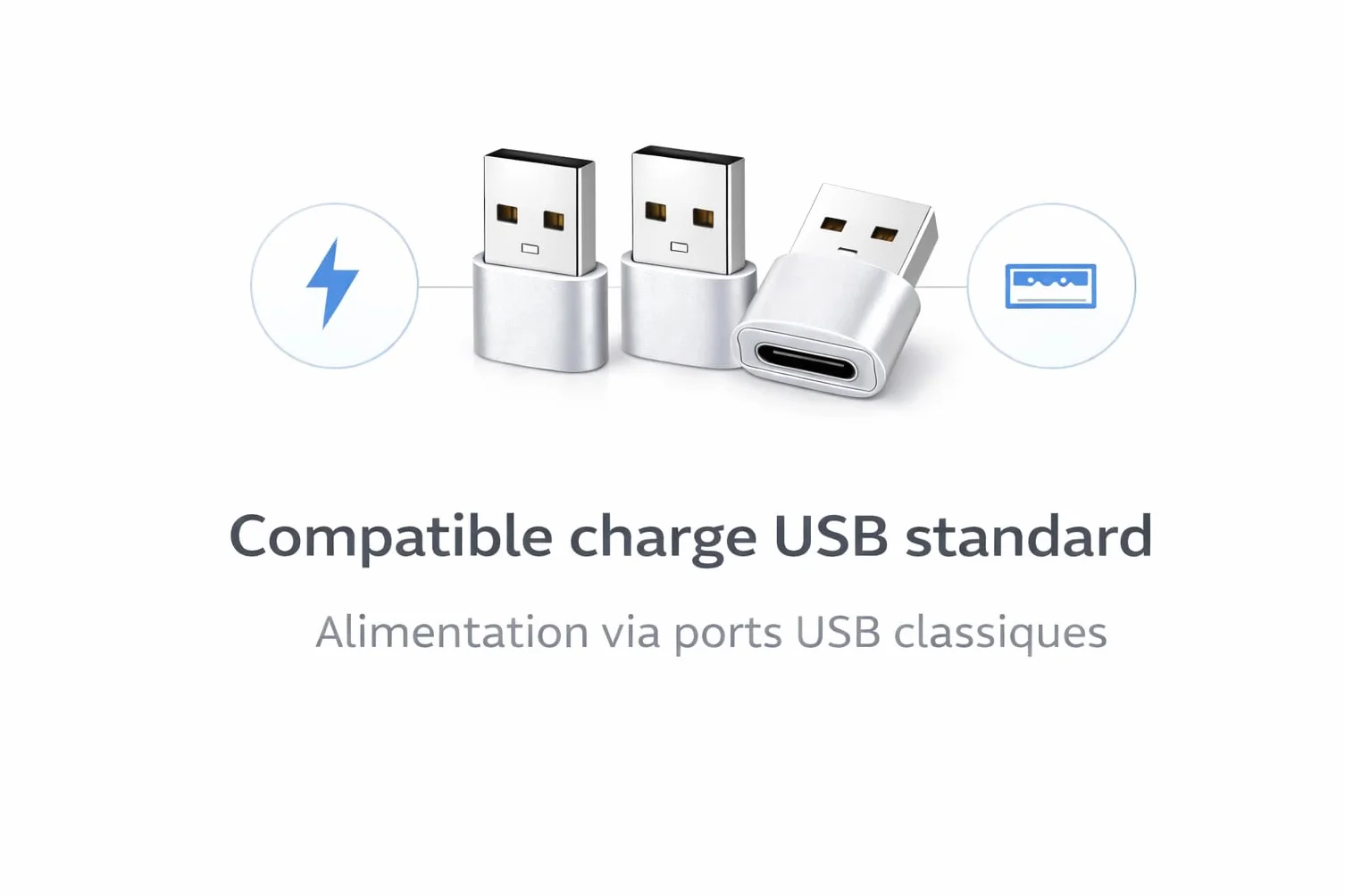 Pack de 3 Adaptateurs USB-A vers USB-C Argent Compatible Apple iPhone 15/16/17 iPad AirPods Samsung Galaxy S23/S24/S25 Charge Rapide