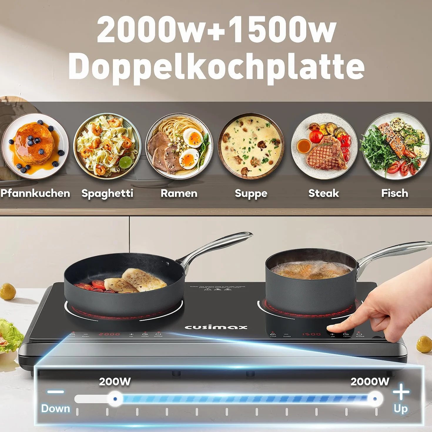 CUSIMAX Plaque de cuisson infrarouge 3500 W en acier inoxydable, 2 plaques électriques avec écran LED, minuterie, contrôle tactile, protection enfant, noir