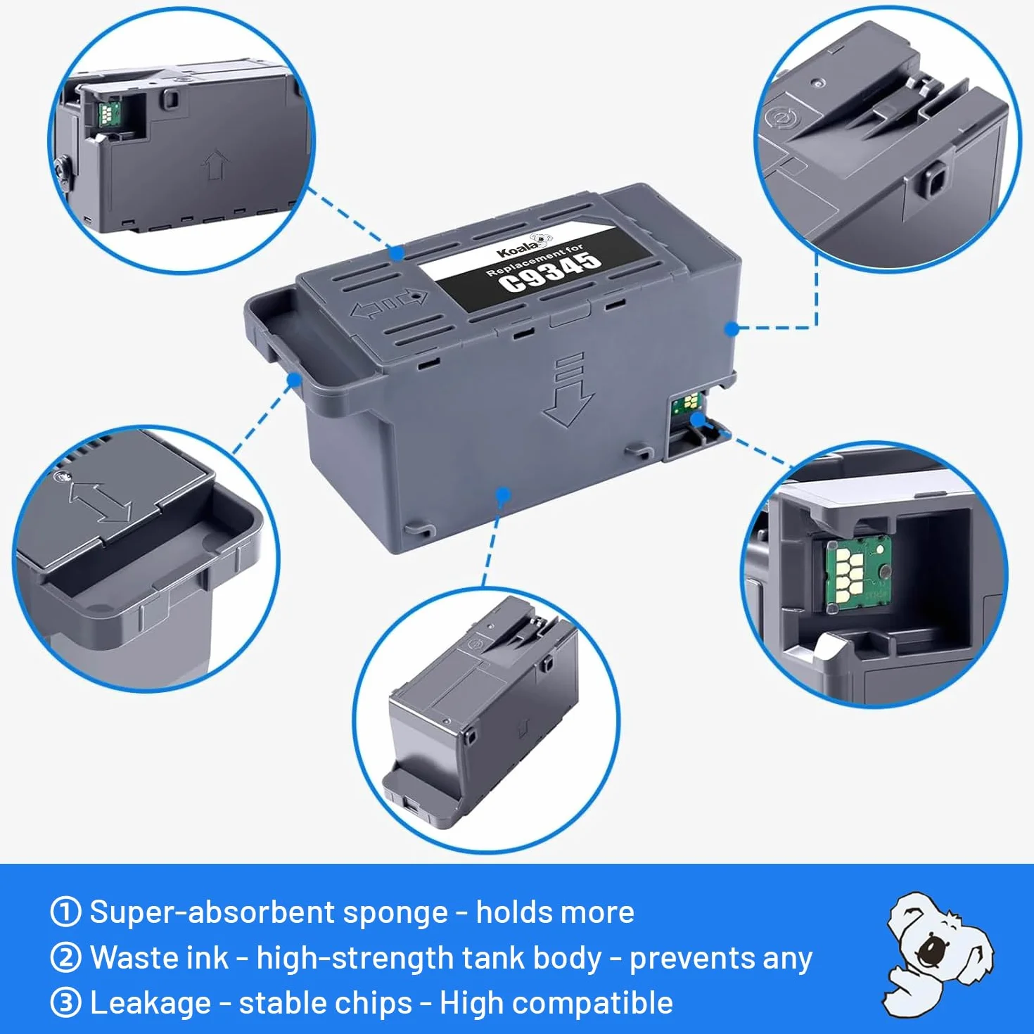 Koala C9345 Boîte de Maintenance Compatible Epson Workforce Pro WF-7820 WF-7830 WF-7840 WF-7845 ET-5800 ET-5850 ET-5880 ET-16600 ET-16650 L1515 Réservoir d'encre résiduelle