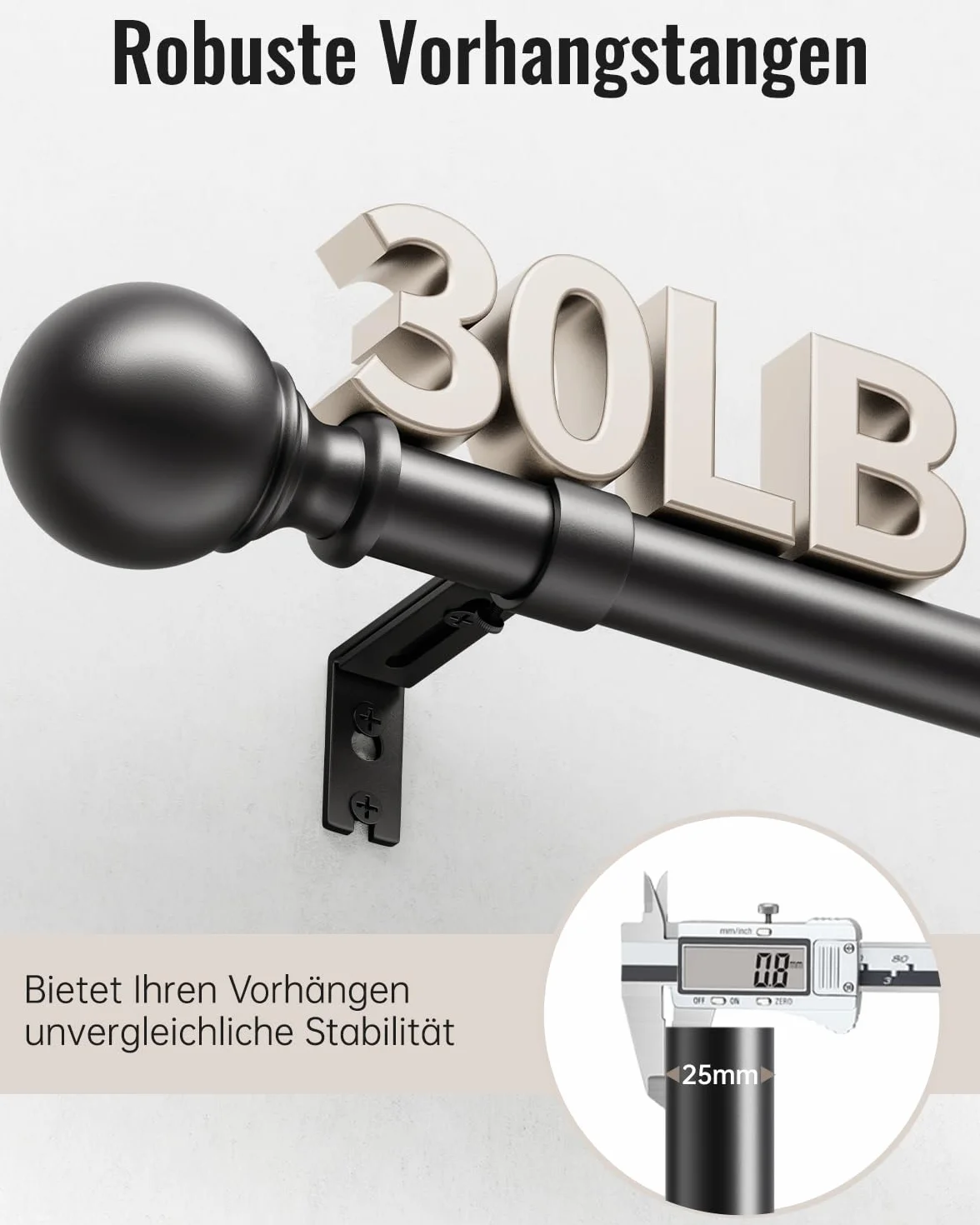 Tringle à Rideaux Extensible 80-218 cm 25 mm avec Embouts Ronds et Supports Noir