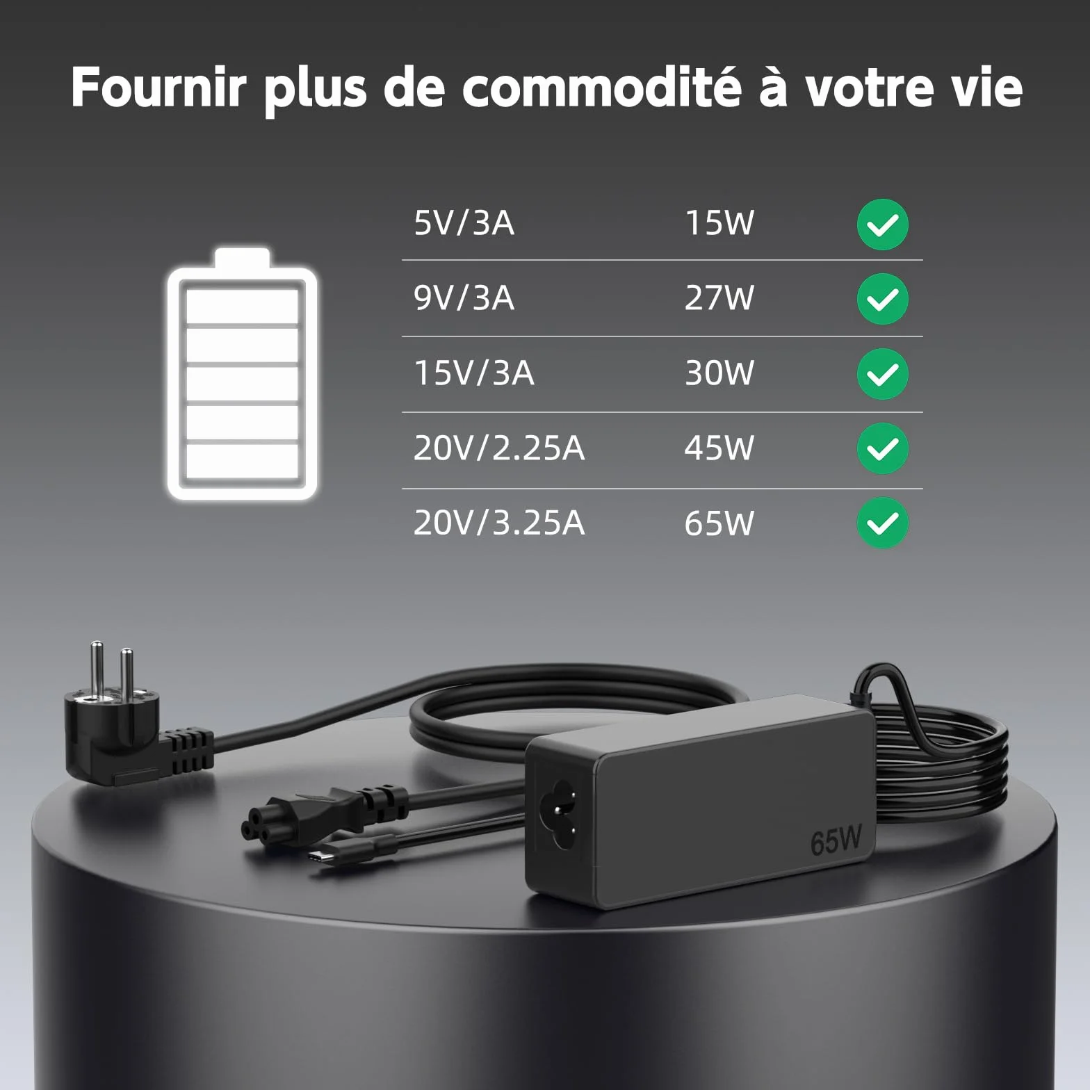 Chargeur USB C 65W pour Lenovo Thinkpad Chromebook T480 T490 T495 T580 T590 L380 L390 L480 L580 E480 E580 E590 C330 300e 500e