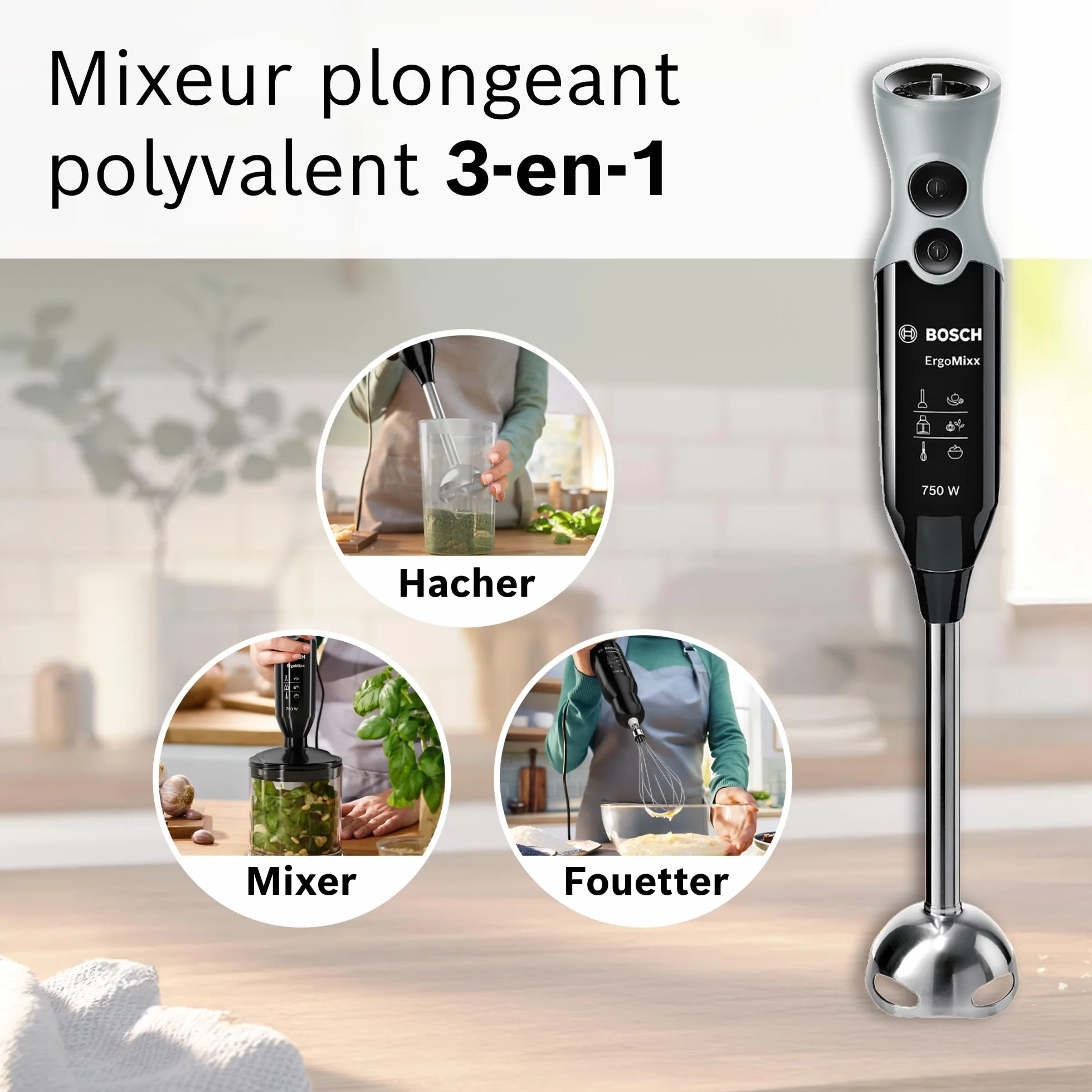 Bosch Mixeur plongeant ErgoMixx, moteur 600 W, 12 vitesses et fonction turbo, hachoir XL, fouet, gobelet doseur, noir, MSM67160