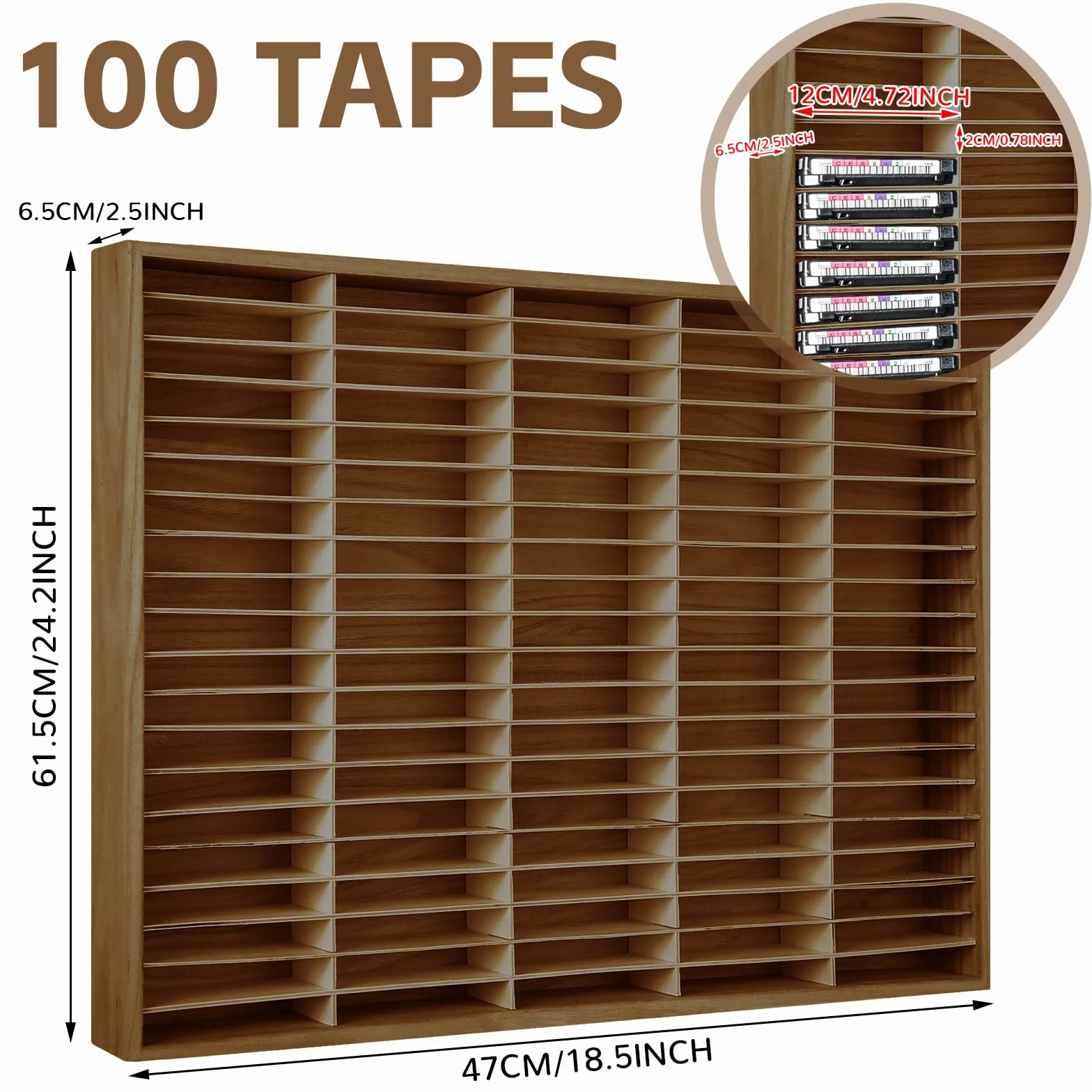 Marsui Support de rangement en bois pour 100 cassettes audio - Pour collections et accessoires audio (marron)
