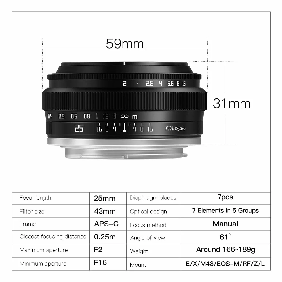 TTArtisan 25 mm F2.0 APS-C ręczny obiektyw aparatu przenośny ekonomiczny obiektyw portret ludzkość ulica martwa natura obiektyw do montażu M43