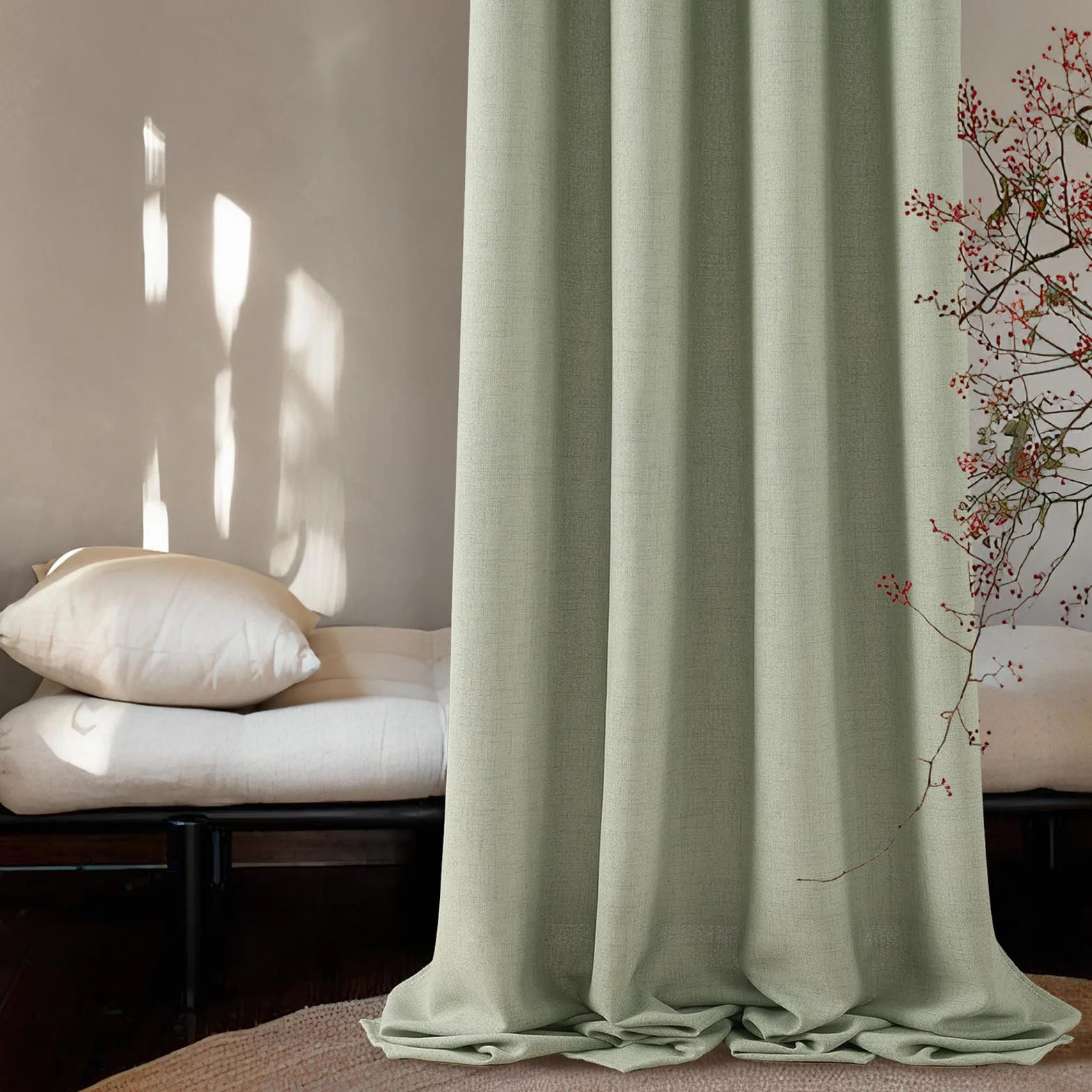 Lot de 2 Rideaux Voilage en Lin 140x200 CM Vert Sauge Semi-Transparent à Oeillets pour Fenetre Porte Balcon Chambre Salon