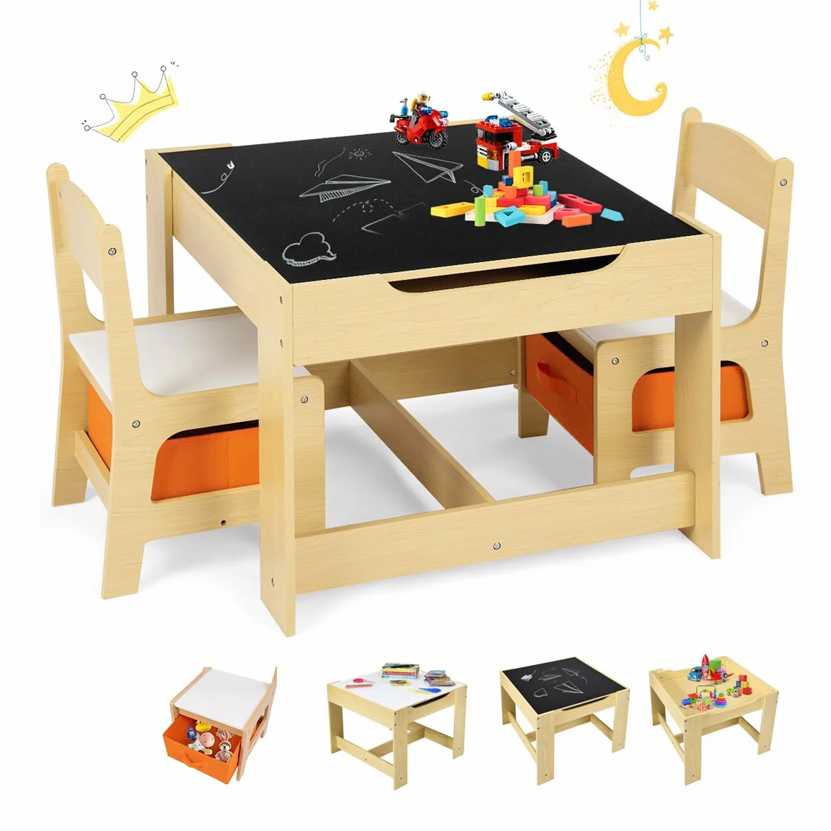 GOPLUS Table Enfant avec 2 Chaises 3-en-1 Petite Table de Dessin Réversible Double Face Tableau Noir Bureau Enfant Polyvalente