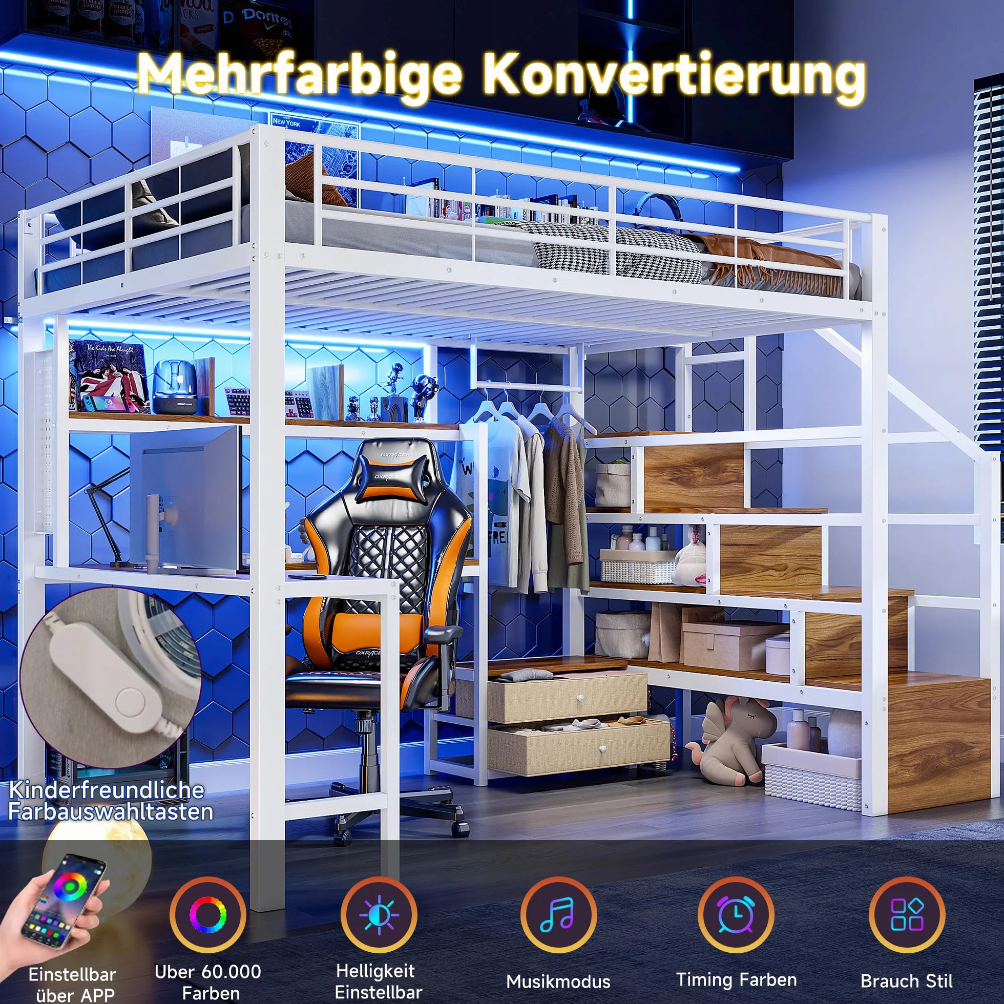 Lit Mezzanine Enfant 140x200 cm - Lit Enfant 1 Place avec Bande LED, Rangement, Cadre en Fer, 2 Tiroirs, Grille De Suspension, Bureau, Escalier avec Rangement, Blanc (sans Matelas)