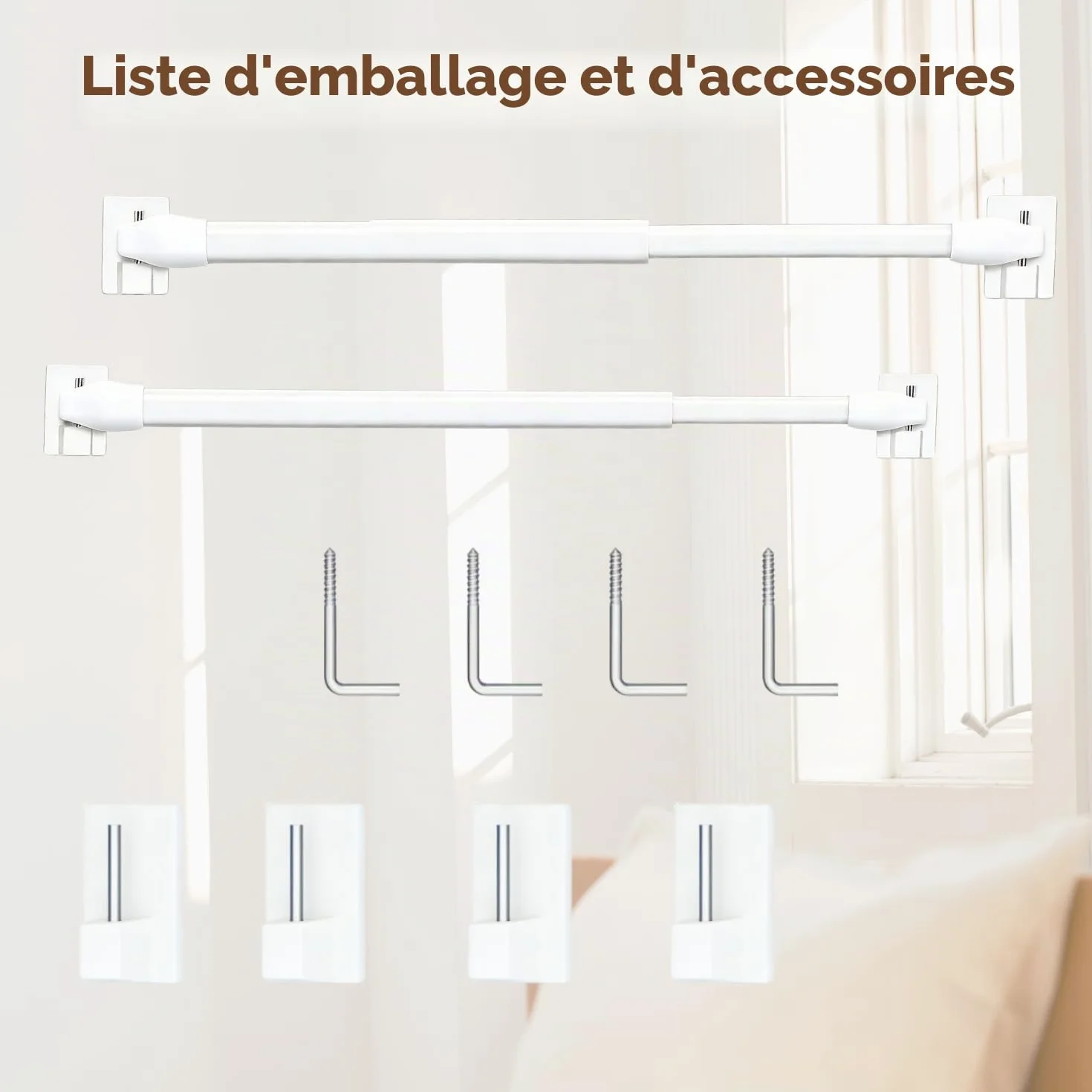 Tringles à rideaux extensibles lot de 2 avec crochets adhésifs 40-70 cm