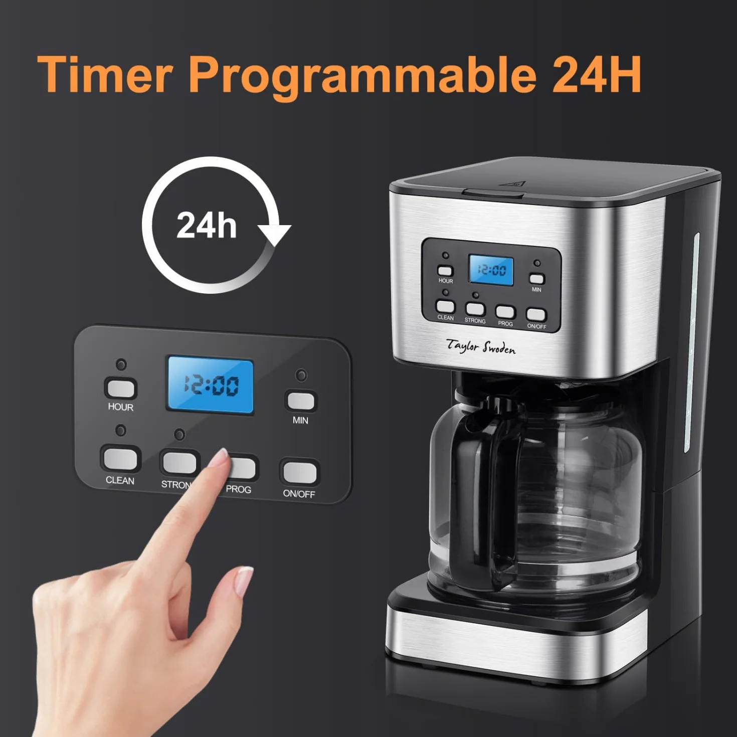 Taylor Swoden Cafetiere Filtre, Programmable 24h Cafetiere Electrique 1,5L à 12 tasses, Machine a Cafe Maintien au Chaud et Anti-Goutte 40 Min, Infusion Rapide, 950W, 0% BPA, Noir - Darcy