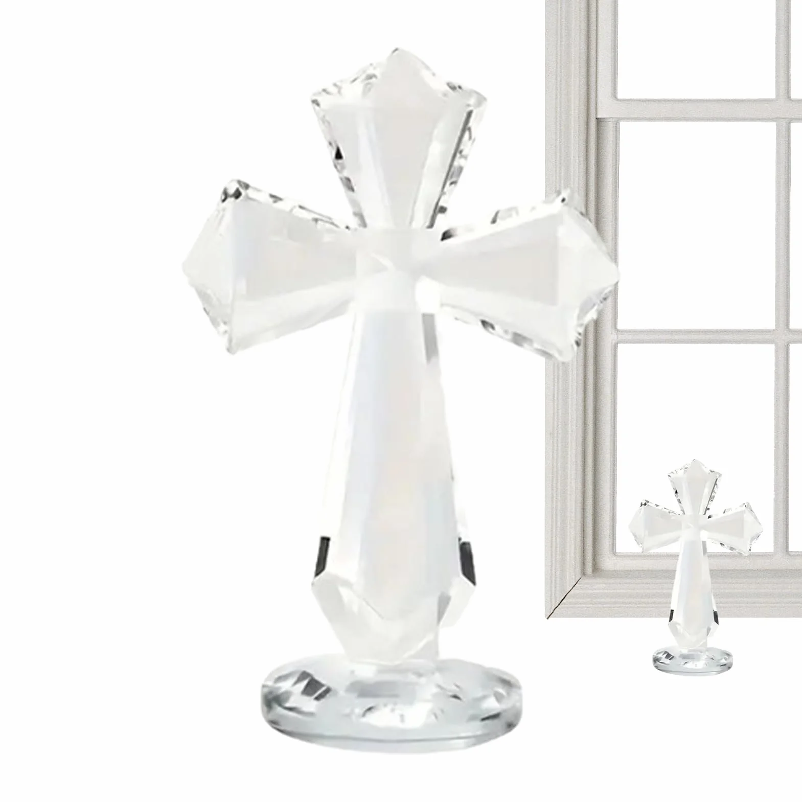 Croix en cristal 15,2 cm – Sculpture chrétienne de table, verre à facettes, design 360°, crucifix de bureau