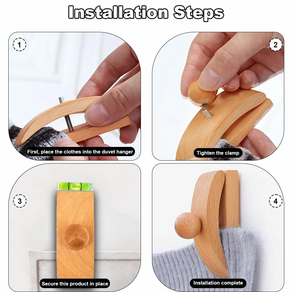 Crochets muraux en Bois pour Tapisserie, Lot de 4 Supports muraux pour Tapis, Cintres pour Tapisserie Murale
