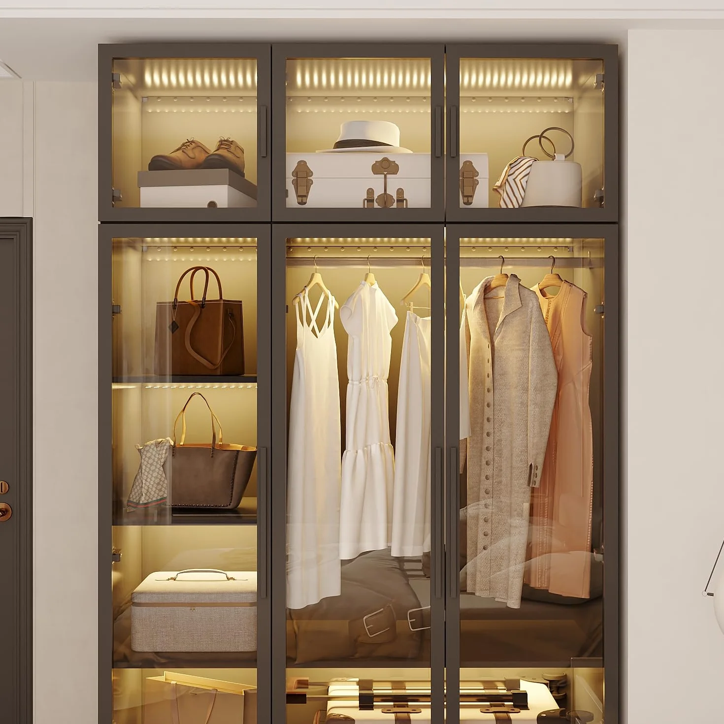 Armoire vitrée avec tringle à vêtements 190cm Vitrine avec 3 éclairages LED Armoire de rangement en verre trempé Vitrine en verre avec 6 portes 5 étagères cadre de porte en fer 120x48x190cm Noir