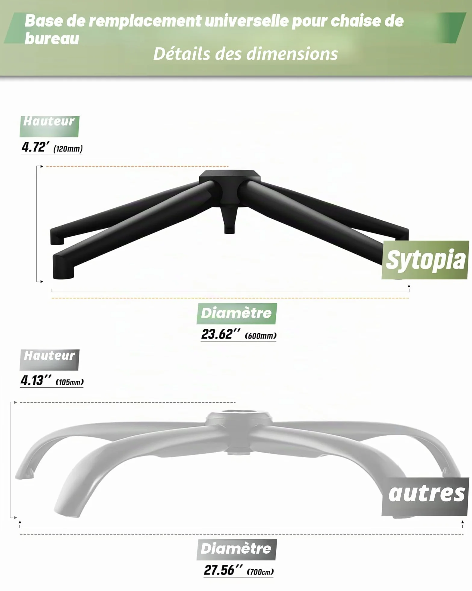 Sytopia Pied de chaise de bureau avec roulettes - Base en métal universelle de 60 cm - Pour chaise pivotante et chaise de jeu - Charge maximale : 1180 kg - Kit complet