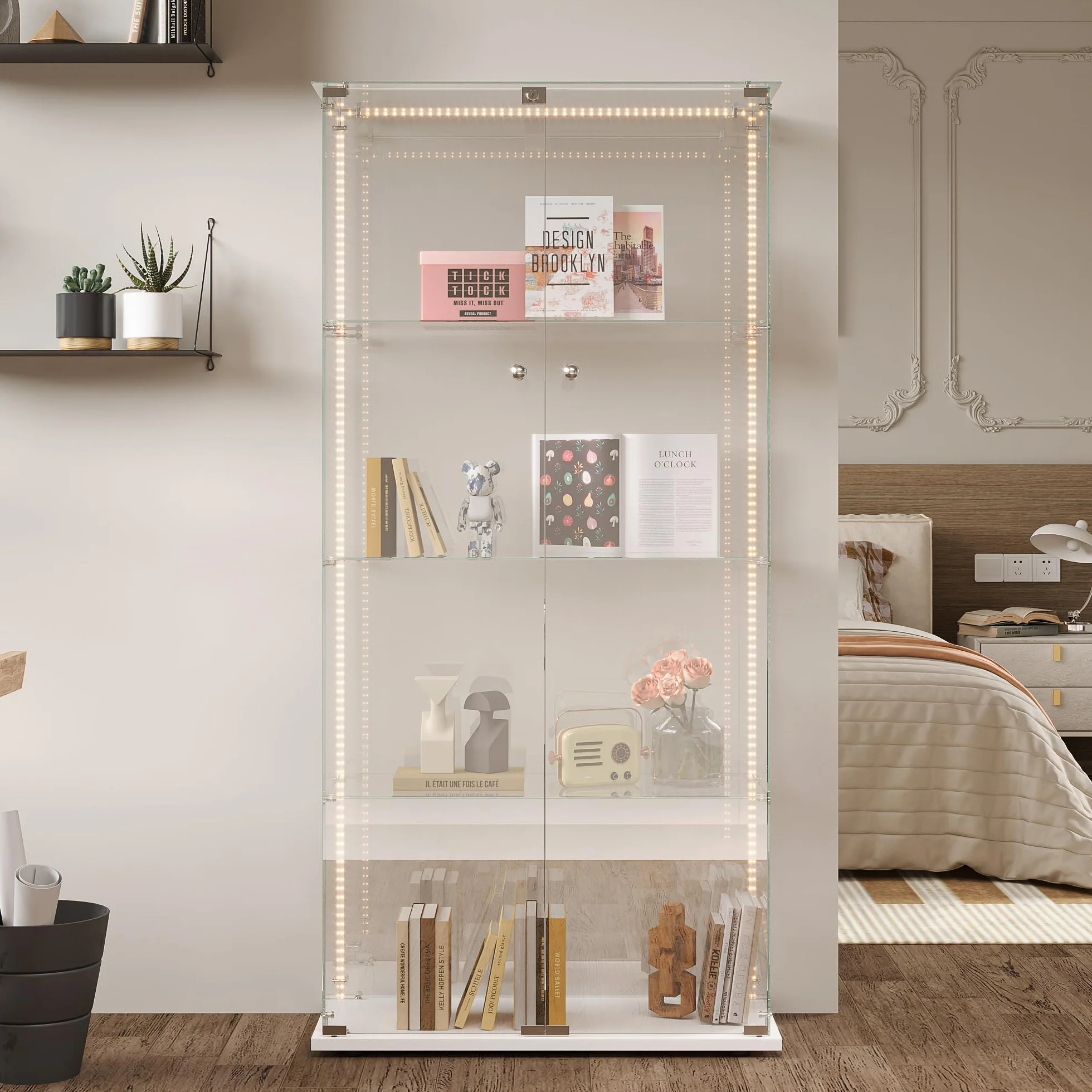 Vitrine en Verre à 2 Portes avec LED, Armoire de Présentation Moderne avec Serrure, Étagères de Rangement, Meuble Vitrine pour Salon, Chambre ou Bureau (Blanc L, 4 étages)