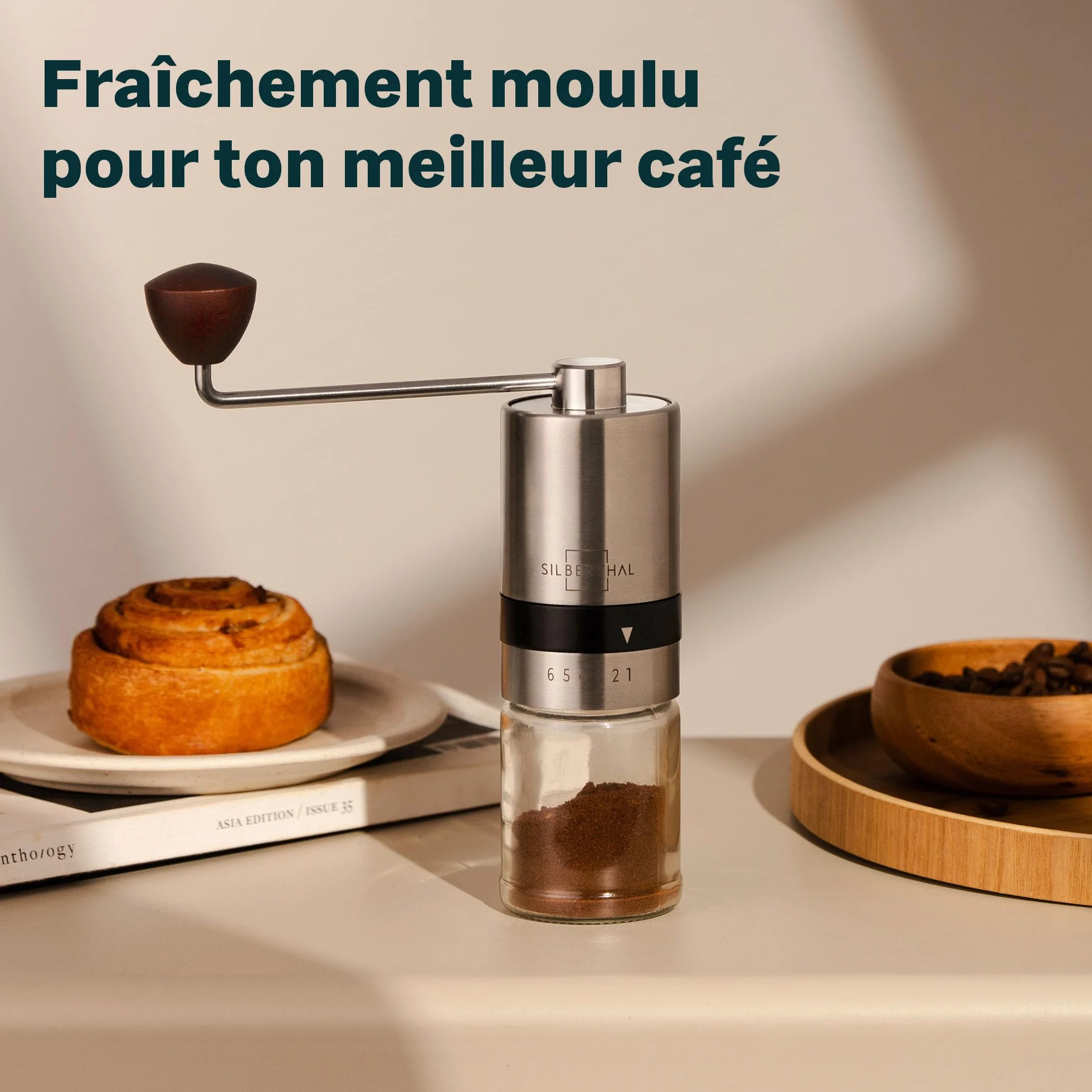 SILBERTHAL Moulin A Café Manuel - Acier INOX - 6 Niveaux Réglables - Broyeur Portable Grains De Café - avec Récipient De Stockage Et Brosse de Nettoyage