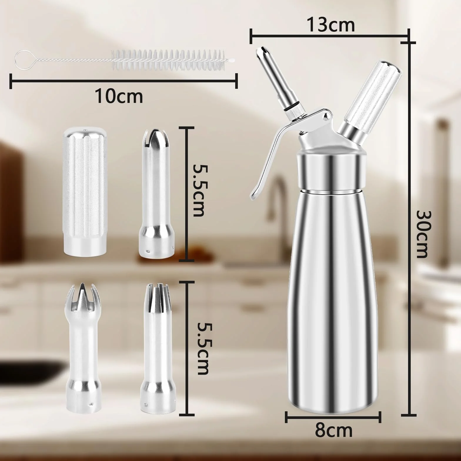 Siphon Chantilly 500ml Aluminium avec 3 Douilles Inox et Brosse Nettoyage pour Crèmes et Mousses