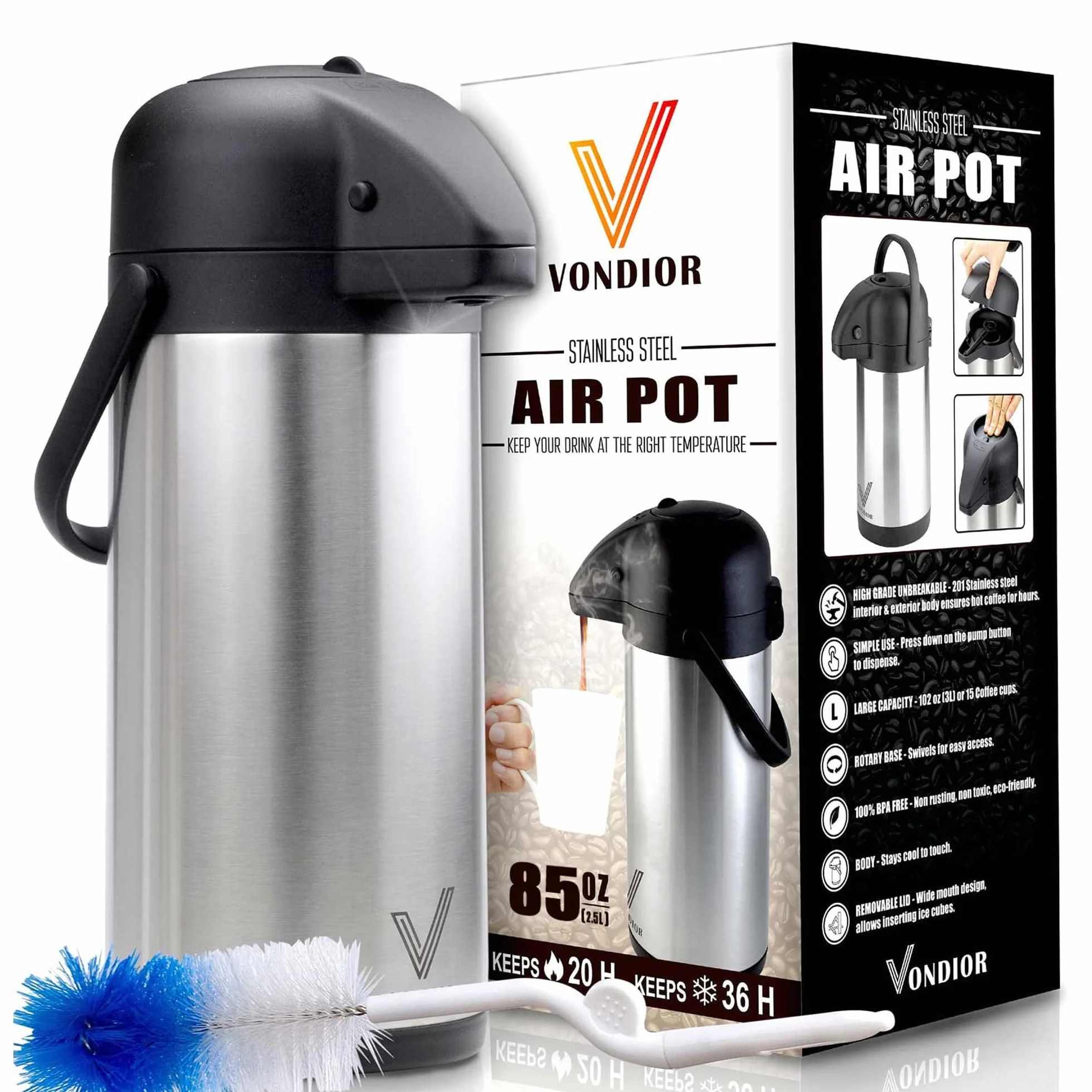 Vondior Carafe à café thermique 2,5 L, cafetière à pompe isolée en acier inoxydable, théière sous vide pour eau chaude/froide, boissons au chocolat de fête