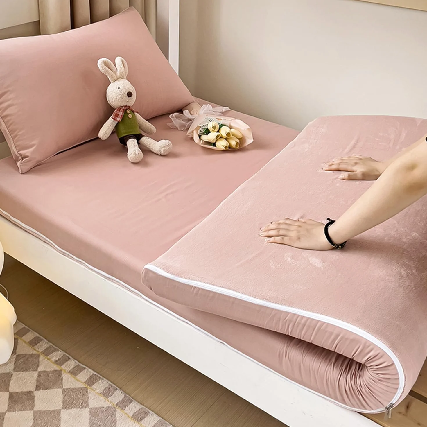 100% Coton Couvre-Matelas de Sol Japonais avec Fermeture Éclair pour Matelas Futon Shikibuton Twin 90x200cm Réversible Lavable