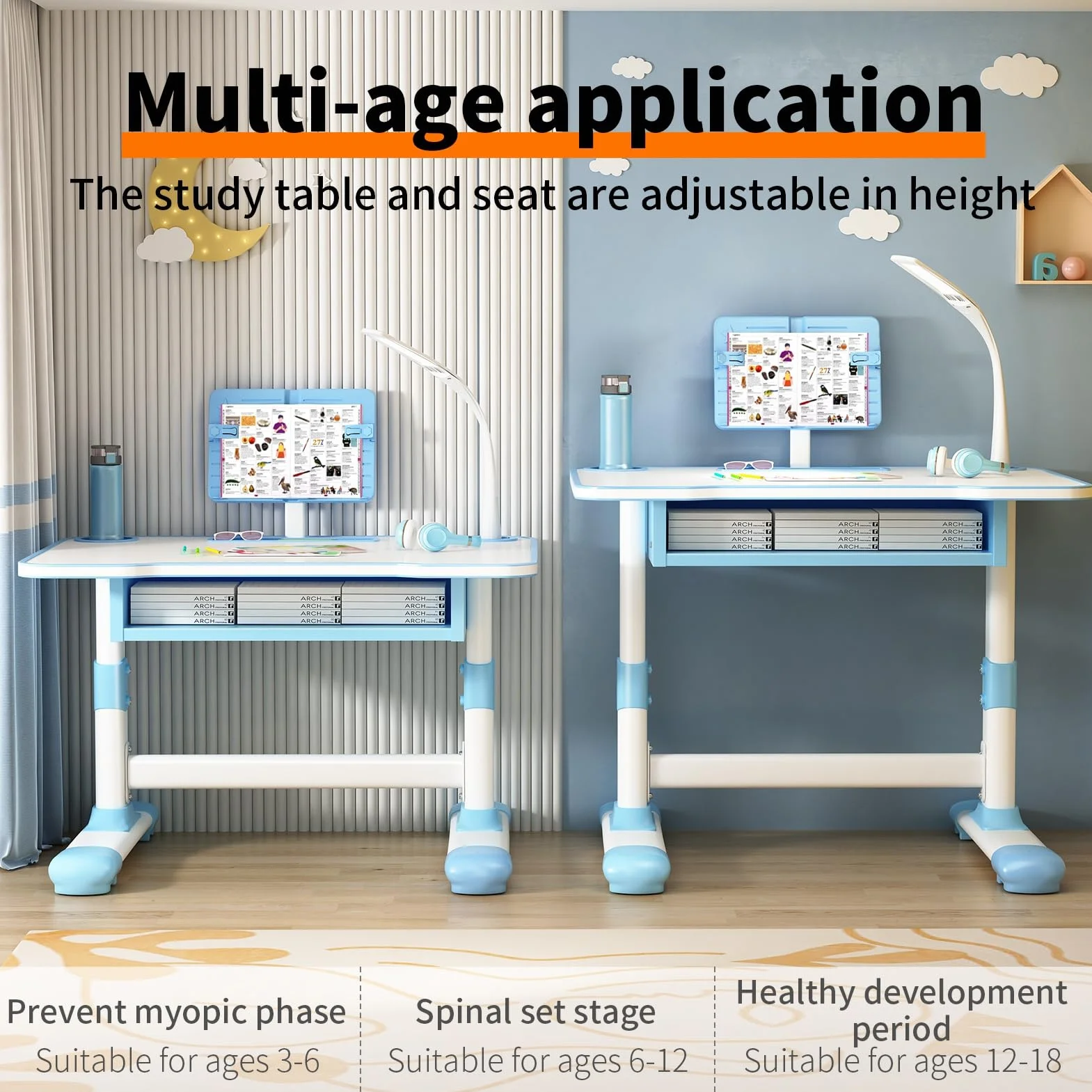 Ensemble bureau et chaise réglable hauteur, support lecture inclinable, tiroir extra large, lampe LED pour enfants 3-18 ans, école, maison, bleu