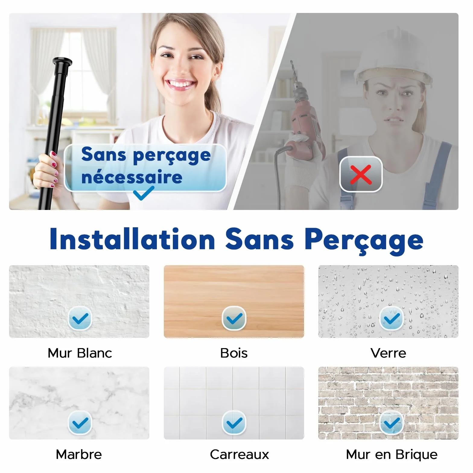 Tringle Rideau Sans Percage Extensible 71-160 cm Diamètre 25 mm Inox Noir pour Salle de Bain Fenêtre Porte Penderie