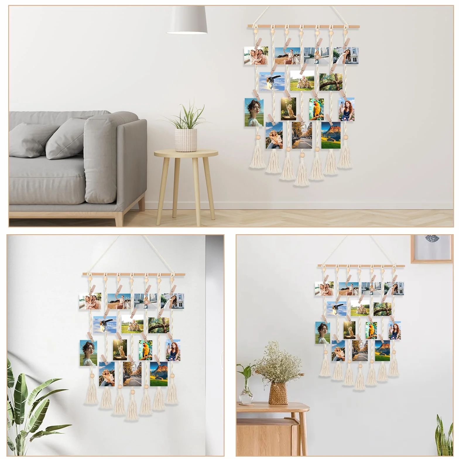 Suspendu Pele Mele Photo Mural Porte Photo Murale Suspendue Bohème 30 Pinces en Bois 2 Clous sans Trace
