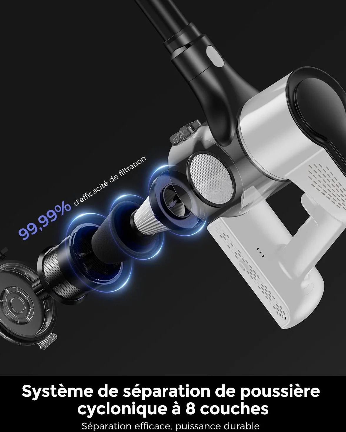 VACTechPro F02 Lite Aspirateur Balai sans Fil, 550 W/50 Min/50 KPa, avec Filtration 8 Couches, pour Sols, Tapis et Cheveux, Noir et Blanc