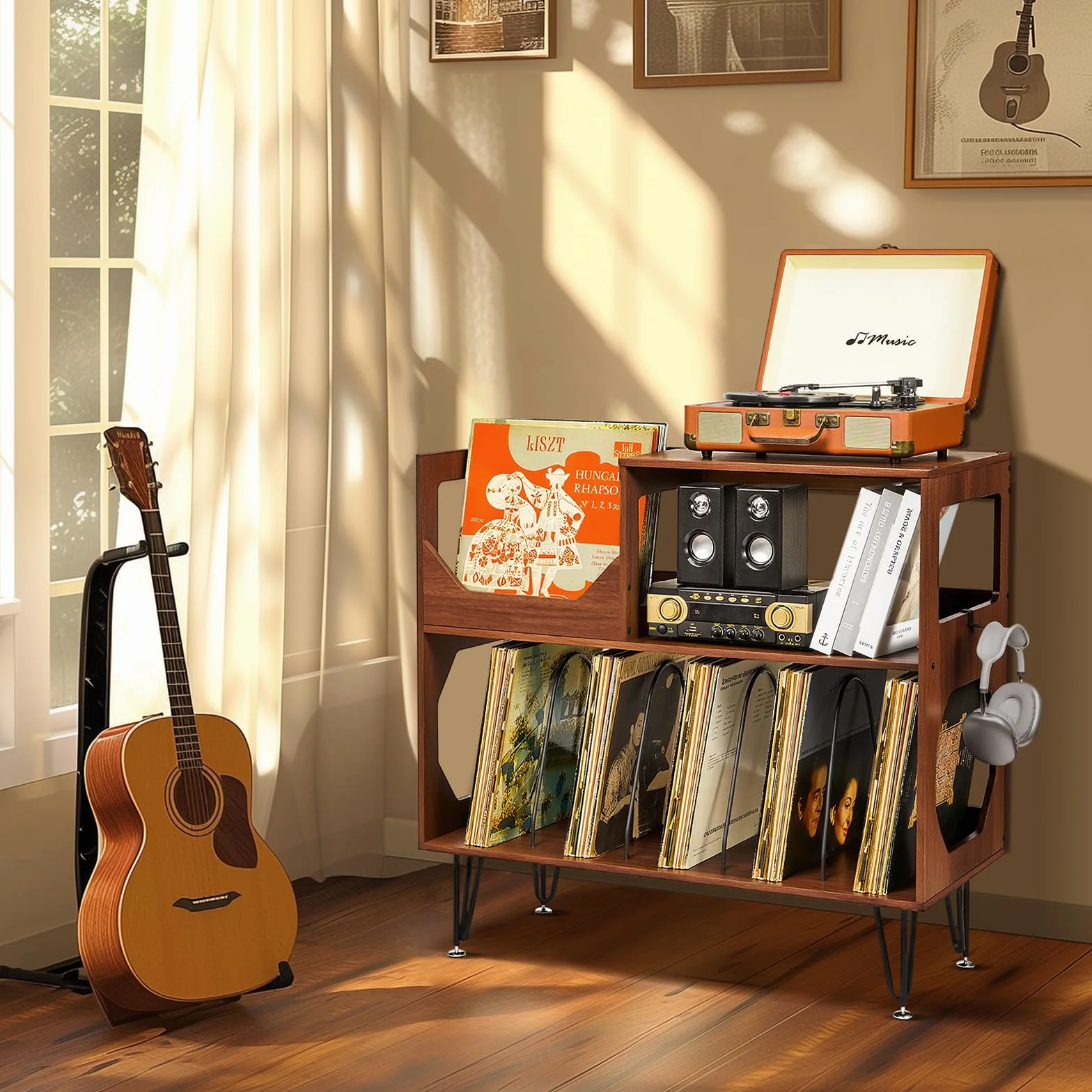 ikkle Grand support de tourne-disque rustique à 2 niveaux avec rangement de disques vinyle, armoire de rangement en vinyle avec pieds en métal, support pour salon, chambre à coucher, peut contenir 370