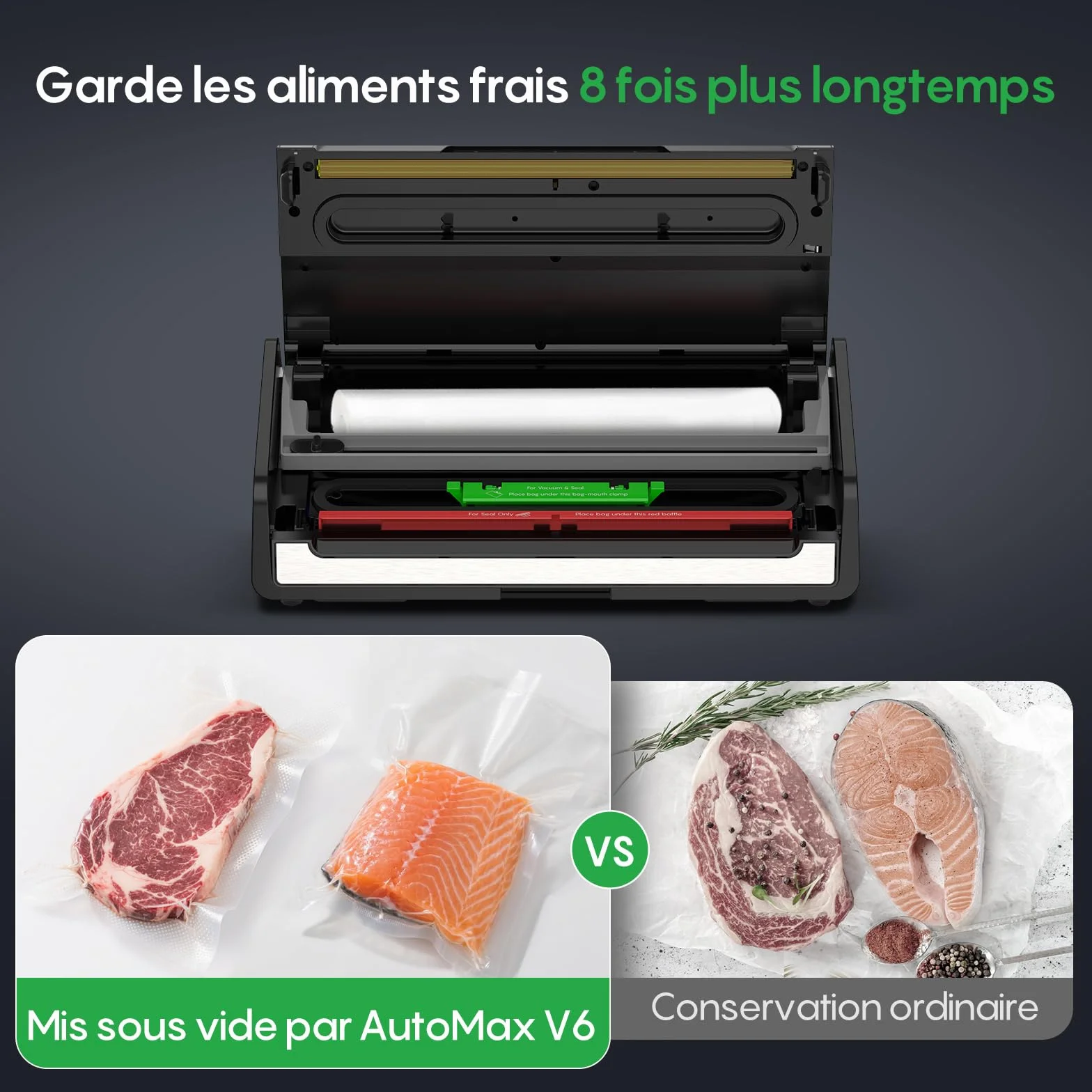 FRESKO Machine Sous Vide Alimentaire Automatique, Bandes chauffantes élargies, Coupe-sac Intégré et Rangement des Sacs, Mode Humide et Sec, Utilisation à une Main (Automax V6)