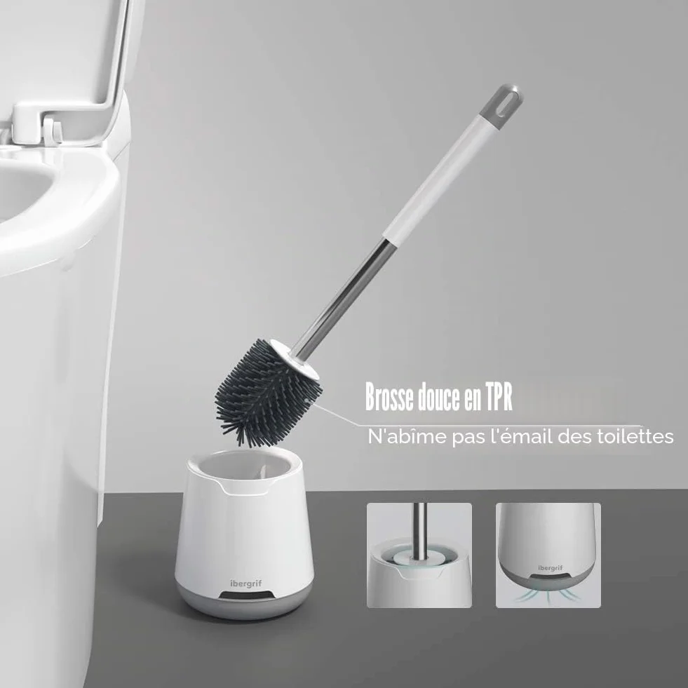 Ibergrif Brosse Toilettes WC Silicone avec Support, Flexible, Antibactérienne, Anti-Goutte, Montage Mural, Blanc