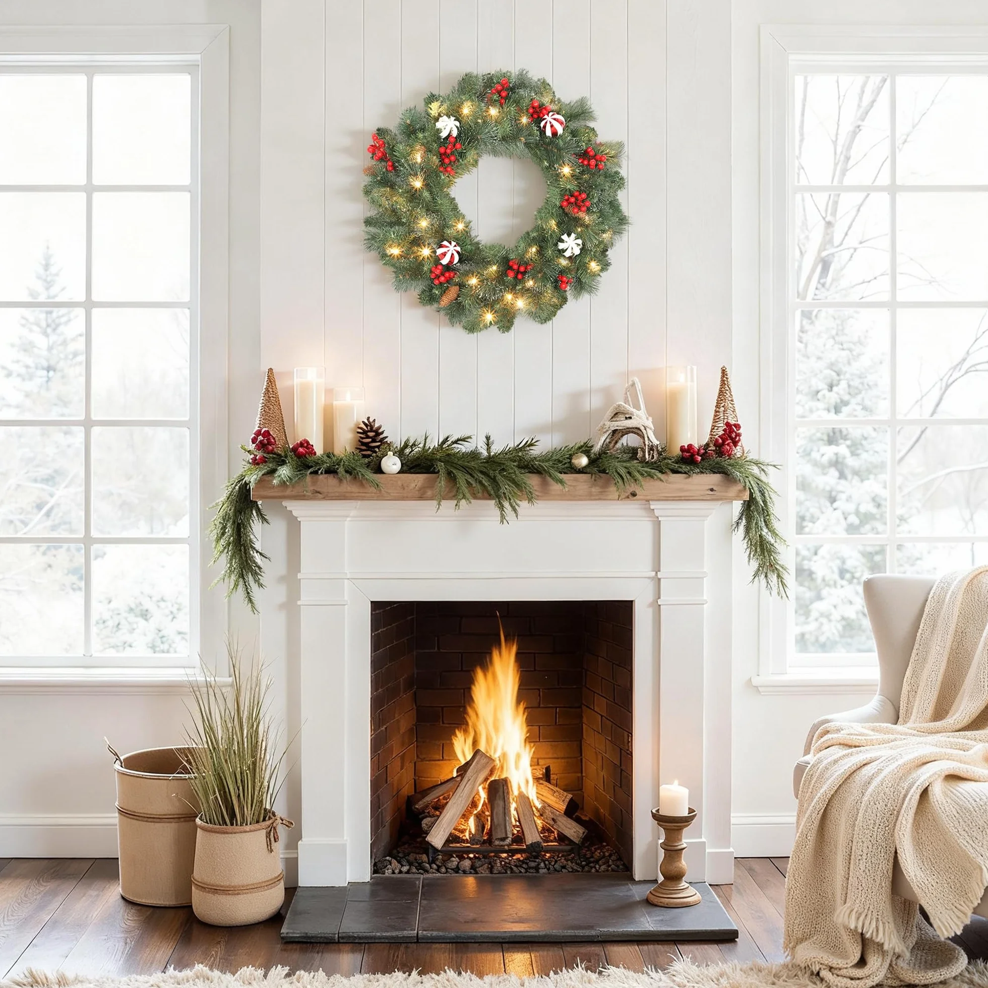HOMCOM Couronne de Noël Lumineuse 60 cm avec 50 LED Blanc Chaud, minuterie, Couronne de Noël de Porte d'entrée, 146 Pointes, Pommes de pin, Baies, Boules décoratives, pour Porte, Mur, cheminée, Vert