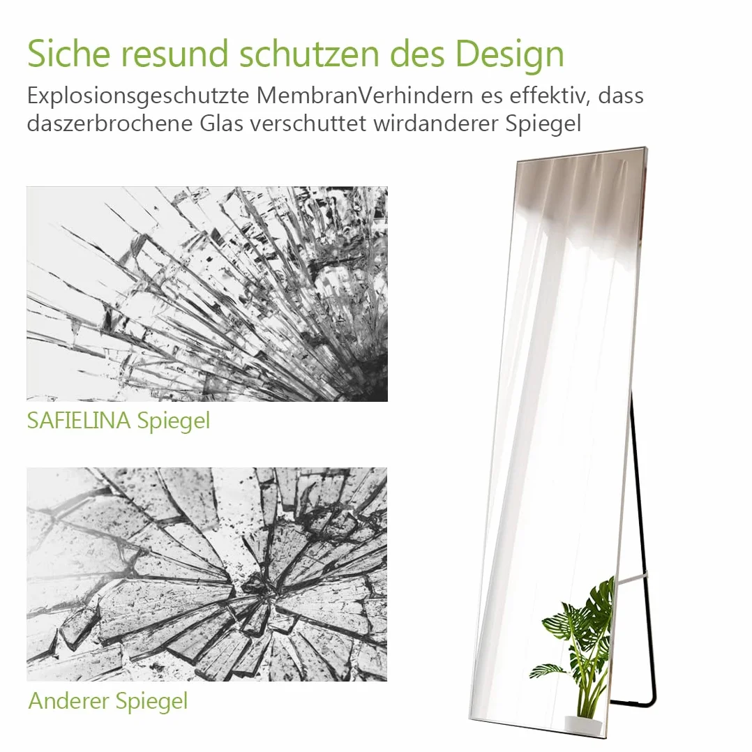 Miroir Pleine Longueur Argent sur Pied 160x40cm Cadre en métal argenté HD Grand Miroir