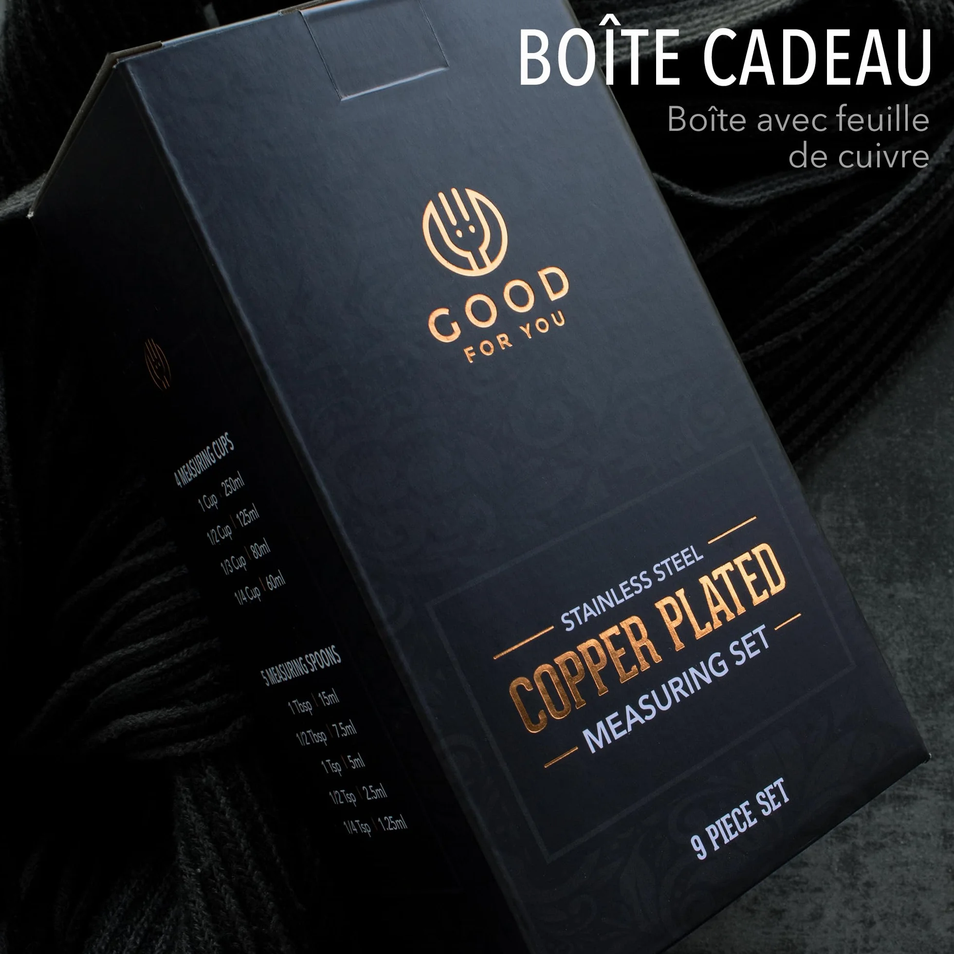 Lot de 9 pièces de tasses et cuillères à mesurer en acier inoxydable cuivre chromé, mesures gravées