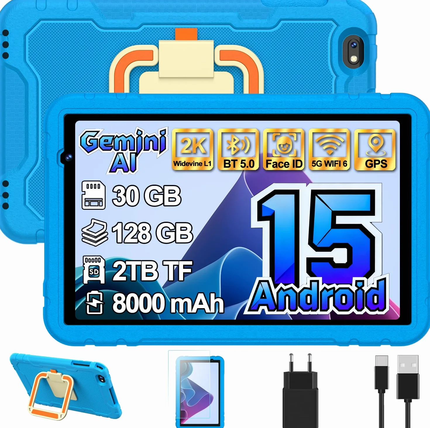 Tablette Enfants 10 Pouces Android 15 30+128 Go WiFi 6 8000 mAh Octa-Core Bleu