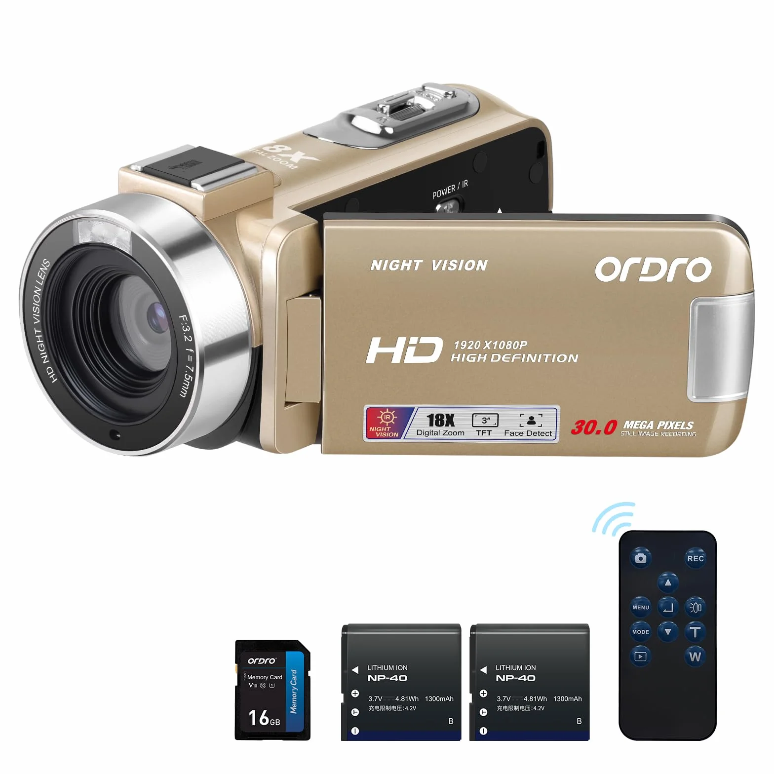 Kamera ORDRO B320 1080P z kartą 16GB, 18-krotnym zoomem cyfrowym, noktowizorem, obracanym ekranem 270°, pełna HD 1080P 30MP, złota kamera, 2 baterie