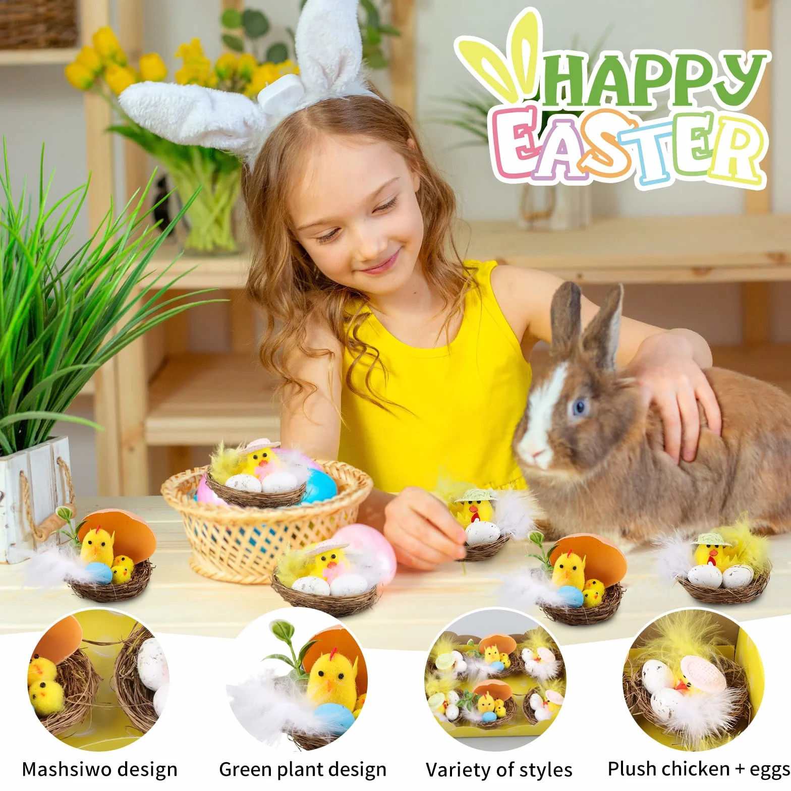 Set Poussins Pâques 6 Pièces Décoration Carton avec Œufs et Nid