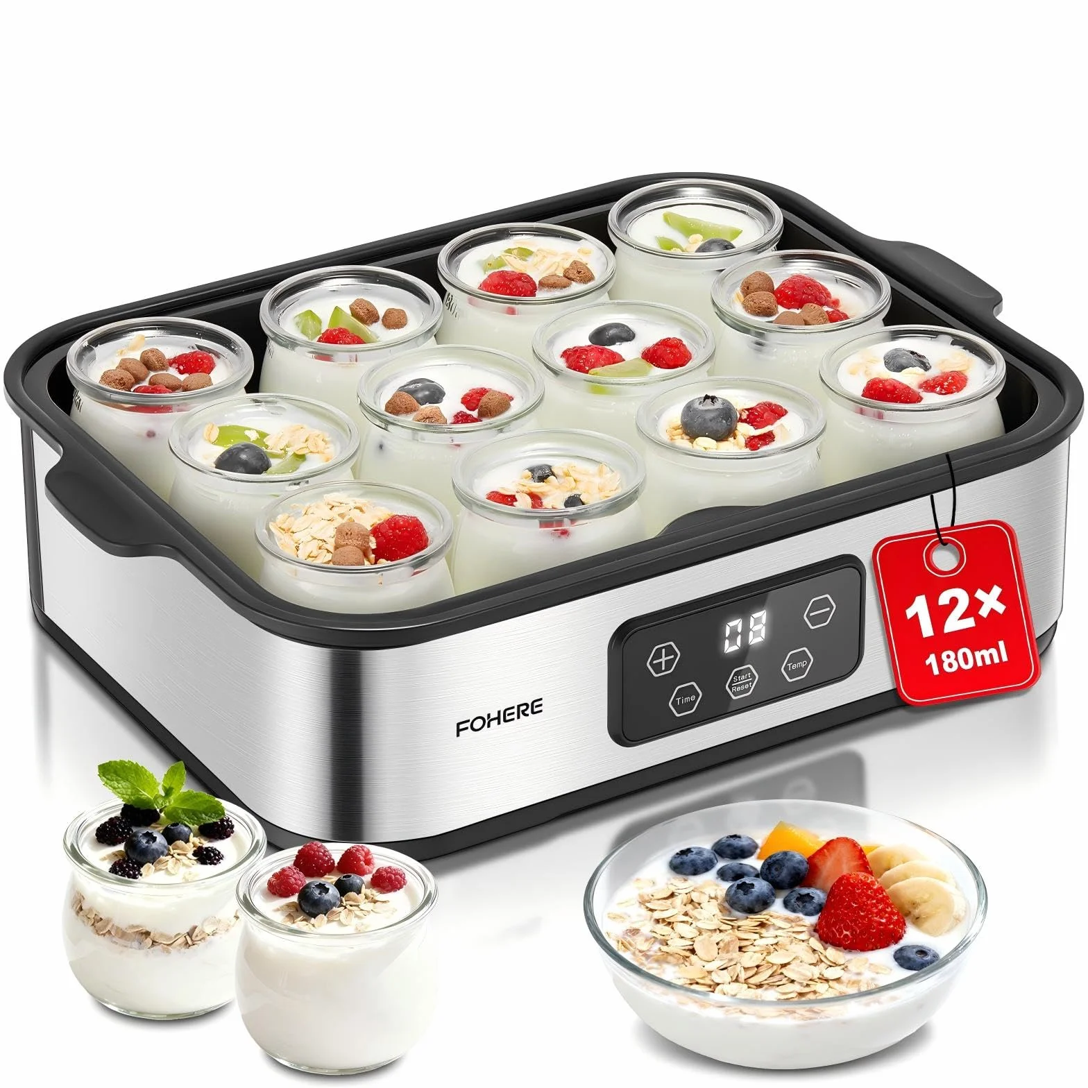 FOHERE Yaourtière 12 pots 180 ml, 25W Machine à Yaourt Maison, Programmable, Ecran LCD, Corps en Acier Inoxydable, Sans BPA, Compatible au lave vaisselle, Arrêt Automatique