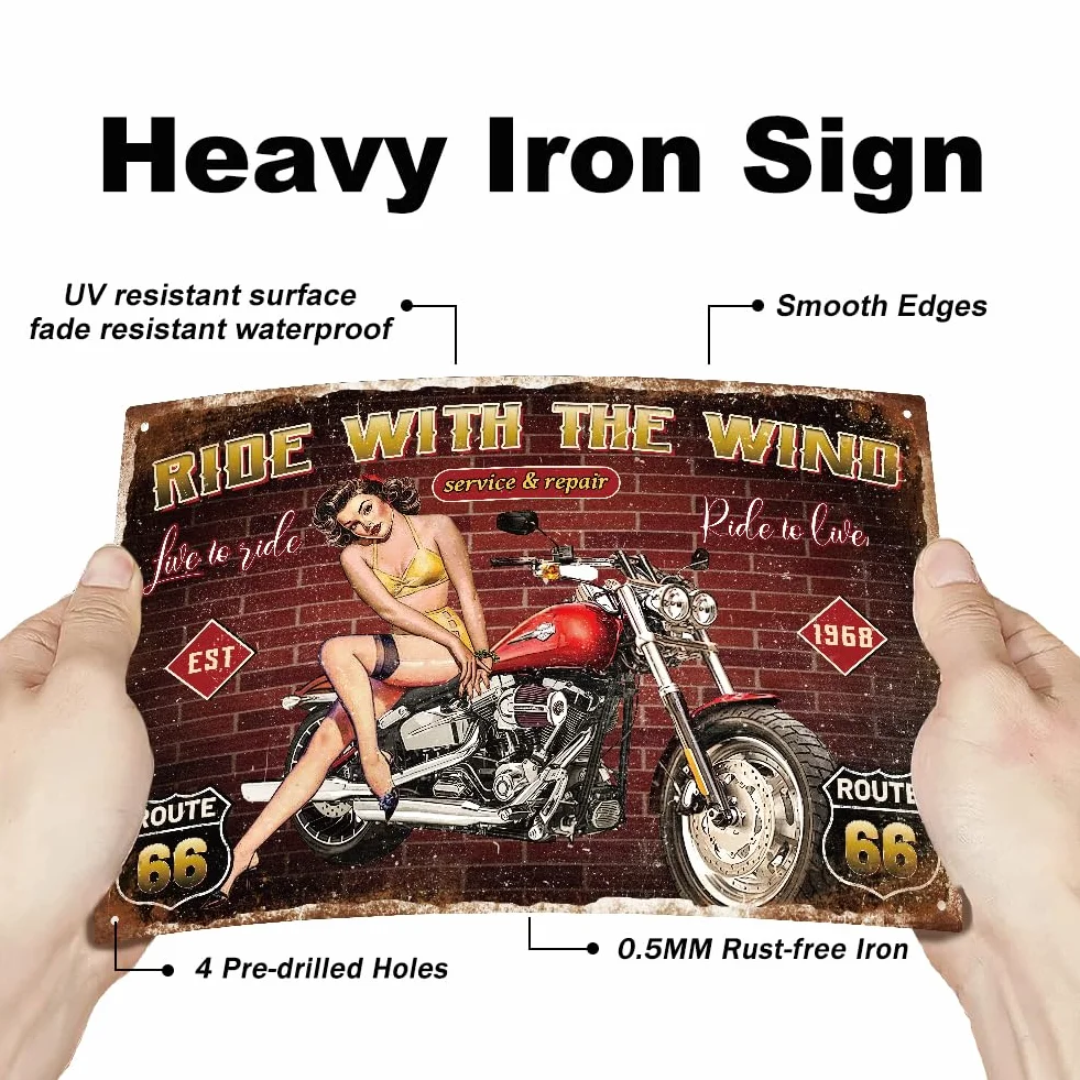 Plaque en Métal "Ride With The Wind" pour Garage Moto Décoration Murale