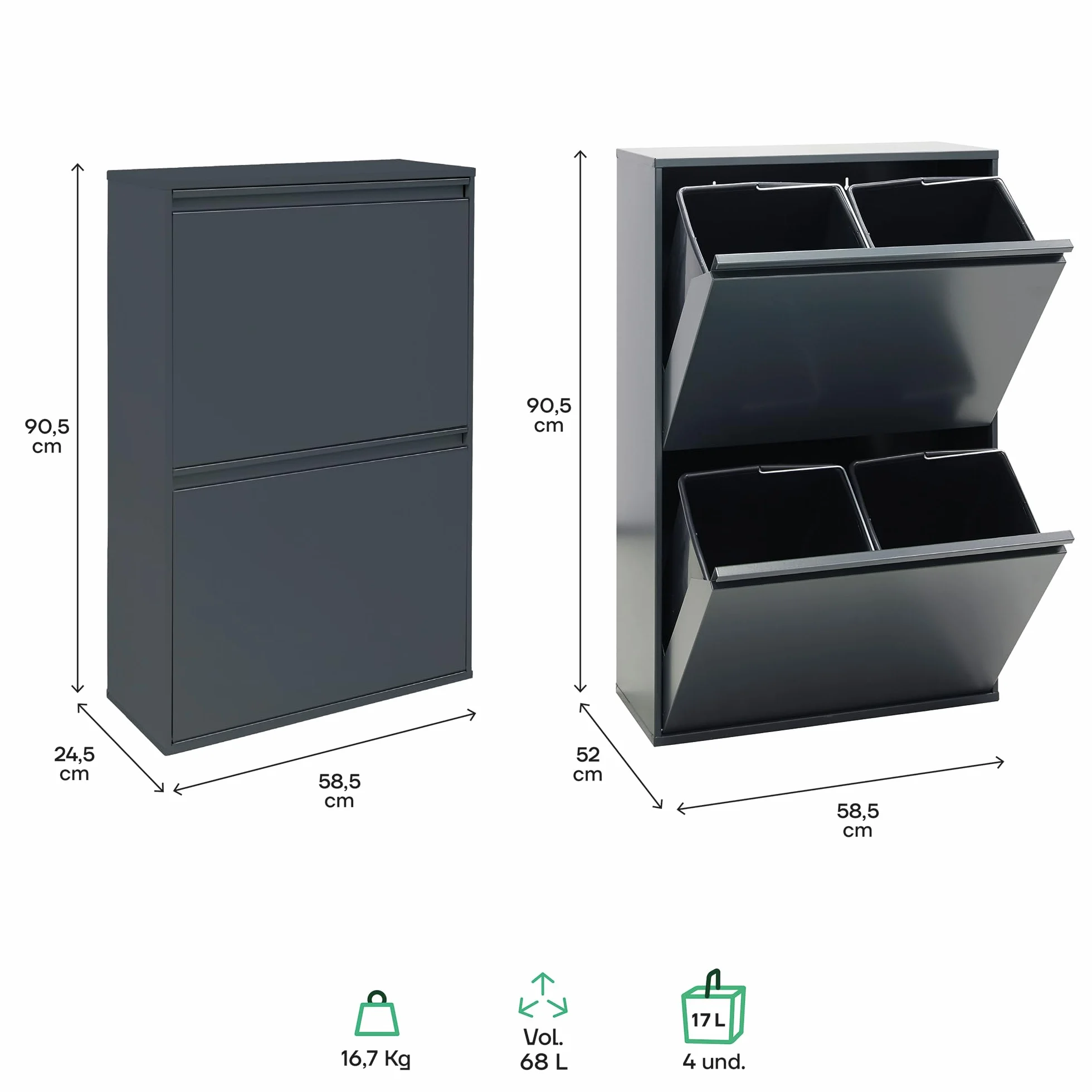 ARREGUI Basic CR604-B Poubelle de recyclage en acier 4 seaux 68 L anthracite