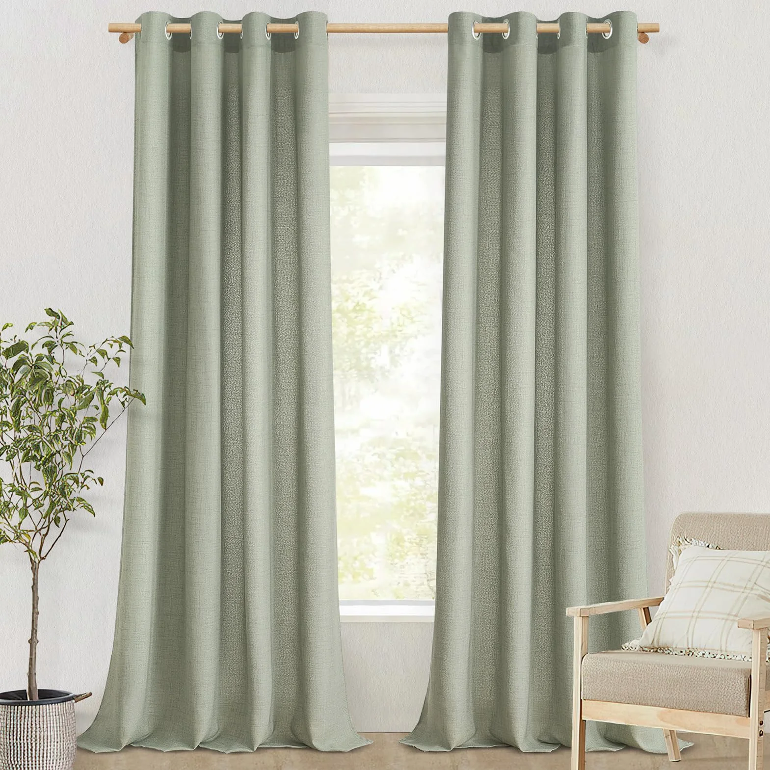 Lot de 2 Rideaux Voilage en Lin 140x200 CM Vert Sauge Semi-Transparent à Oeillets pour Fenetre Porte Balcon Chambre Salon