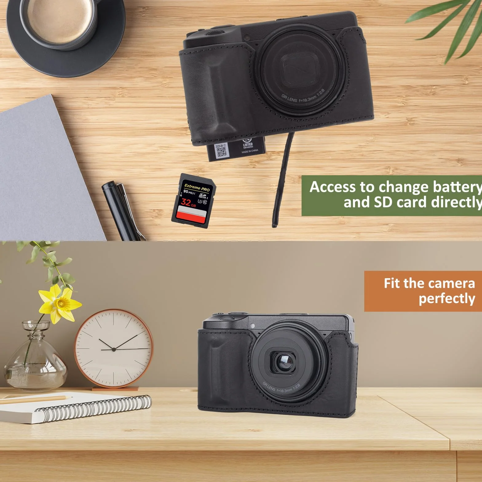 MUZIRI KENOKOO Półetui na aparat Ricoh GR IV GR III, etui ochronne premium z prawdziwej skóry, kompatybilne z aparatem cyfrowym GR IV/GR III, z otworem na spodzie i uchwytem, czarny, Retro