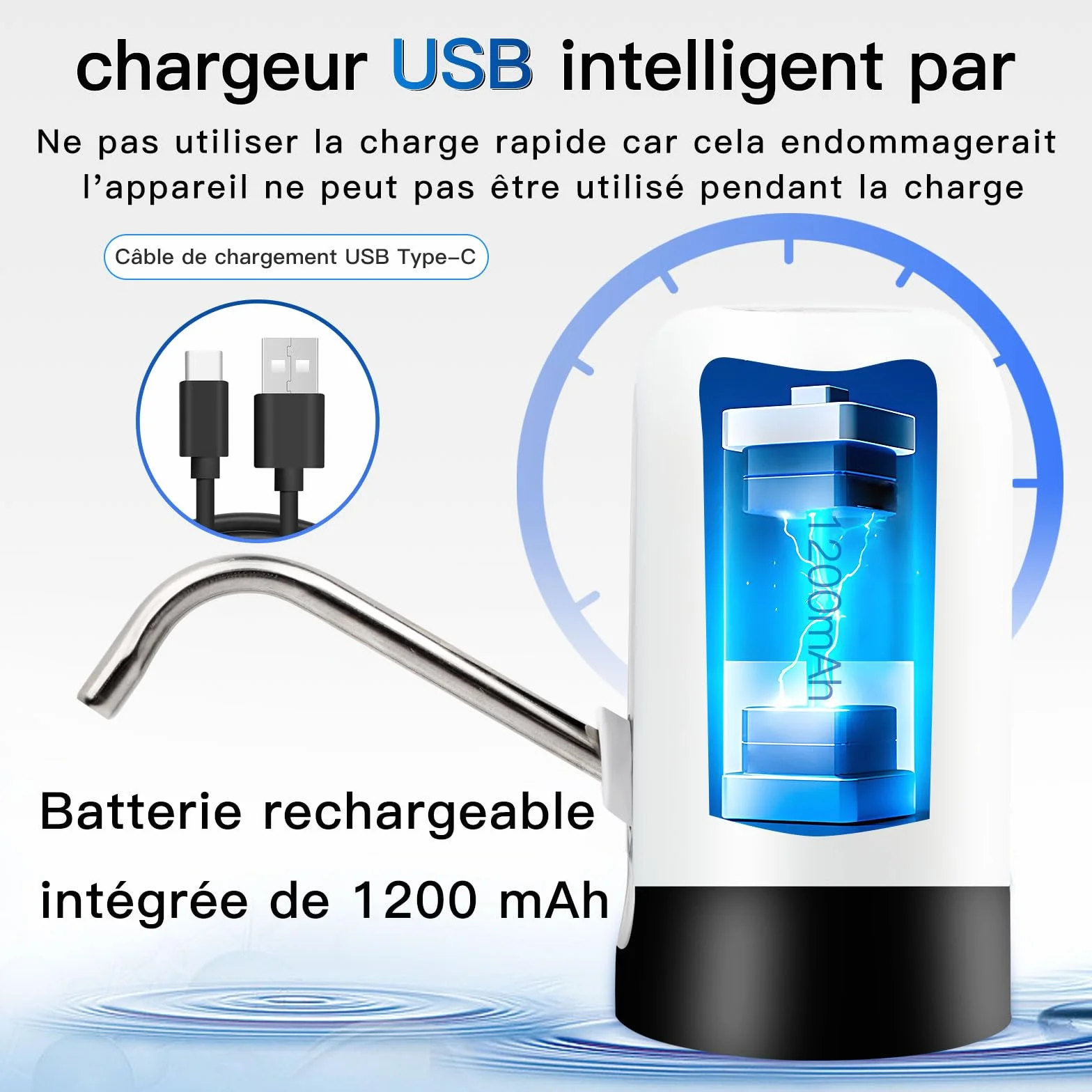 EASYSPEED Distributeur Eau Portable Rechargeable USB avec 2 Adaptateurs, Pompe Automatique, Camping Maison Bureau, Blanc
