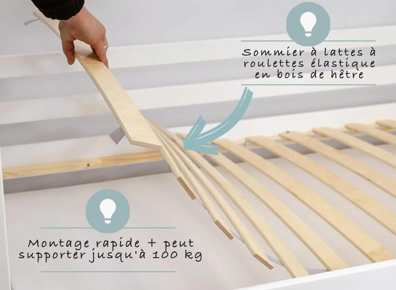 Lit d'Enfant Montessori 90x190 cm avec Protection Contre les Chutes & Sommier à Lattes - Lit à Barreaux pour Enfants et Adolescents