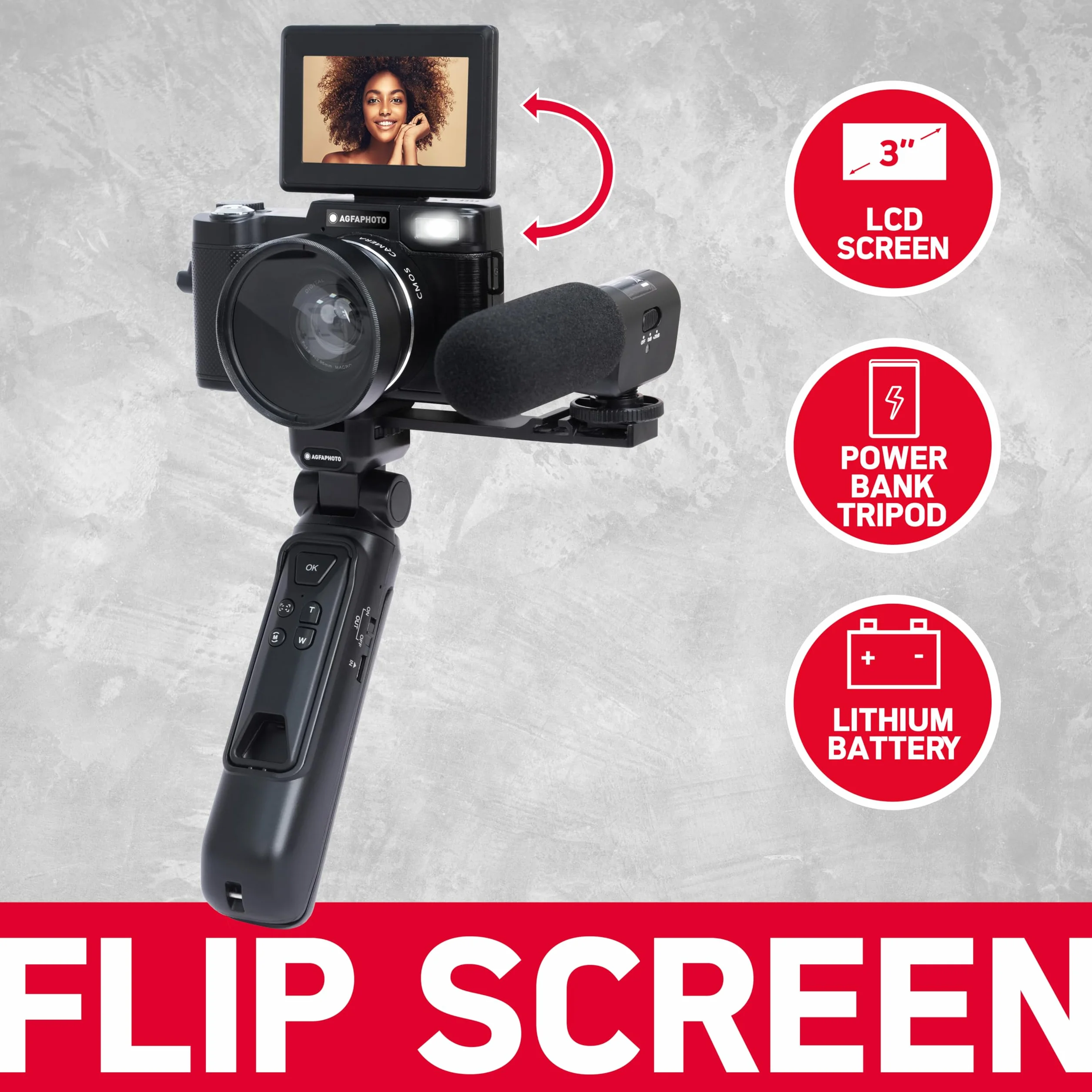 AgfaPhoto Realishot VLG-4K Zestaw Vlogging - kamera 24 MP, wideo 4K, 3-calowy ekran LCD, 16-krotny zoom cyfrowy, czujnik CMOS, bateria litowa - czarny