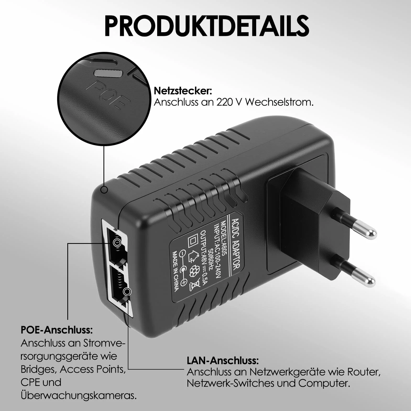 Sonew 48 V 0,5 A pasywny zasilacz POE Injector Ethernet adapter z wtyczką ścienną odpowiedni do telefonów Voip, aparatów, aplikacji i innych (EU)