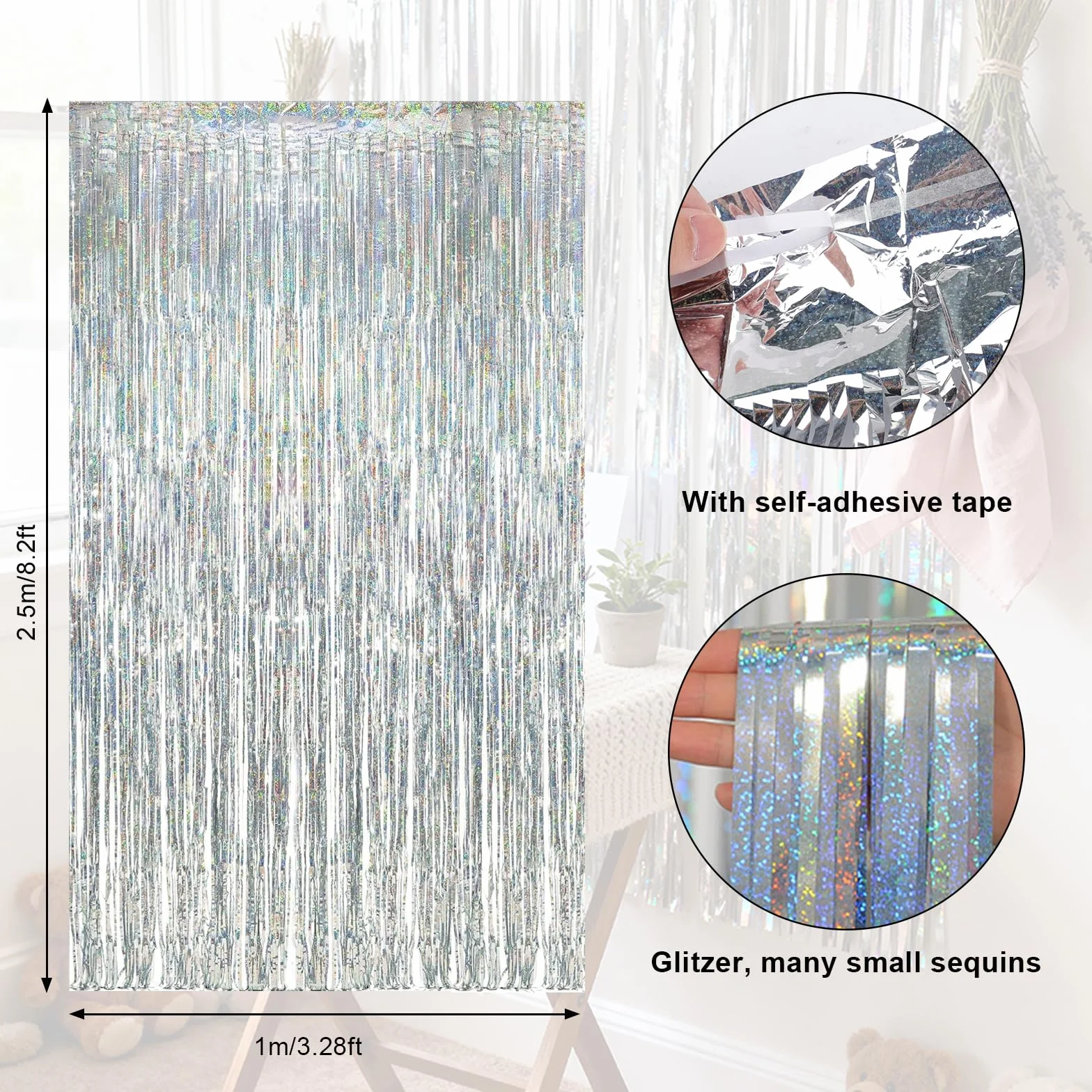 Rideau Argenté Métallique Tinsel 1 m x 2.5 m, Rideau Paillette pour Décoration Anniversaire, Nouvel An, Mariage