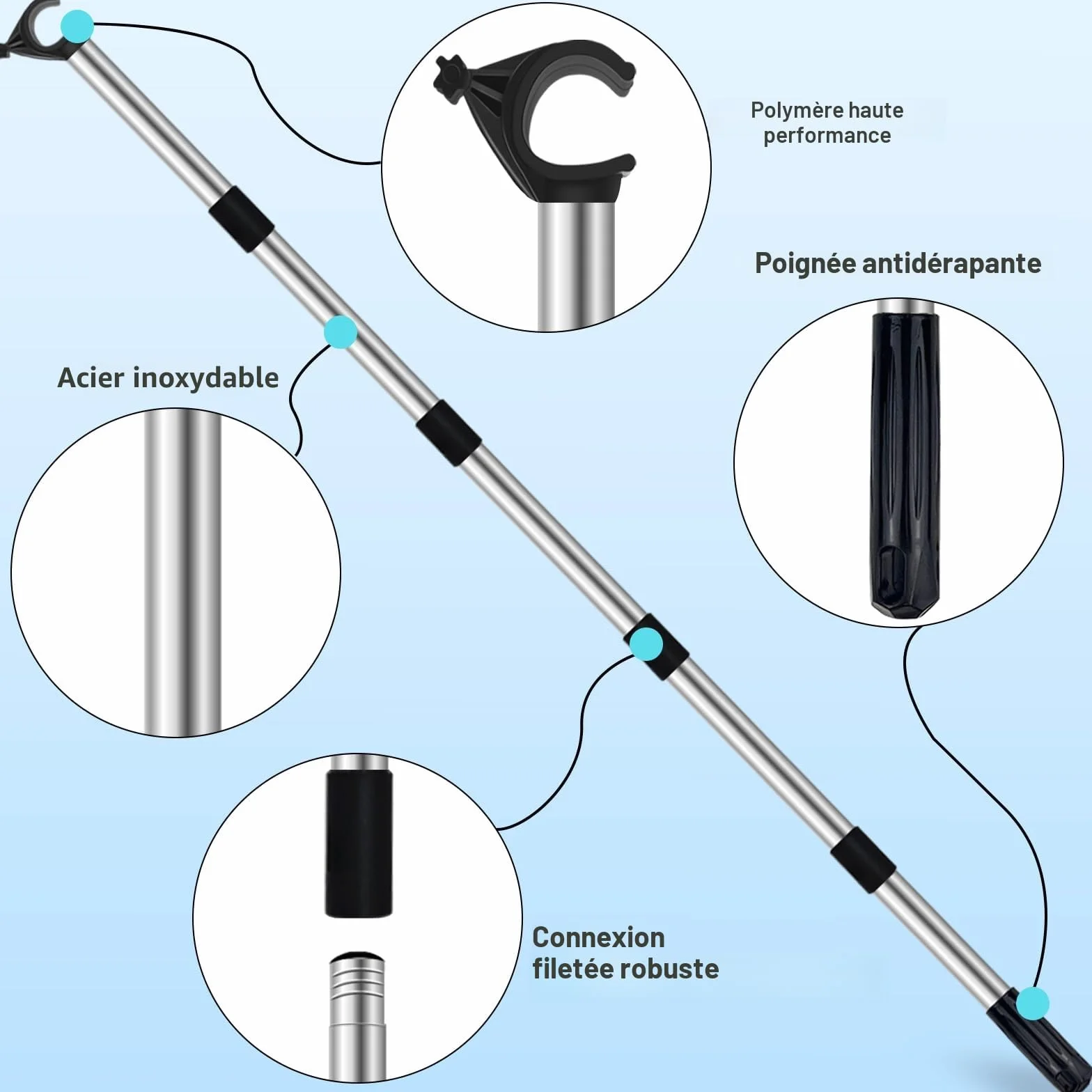 Canne Télescopique Acier Inoxydable pour Fenêtre de Toit Store, Perche avec Crochet Universel Extensible 186 cm